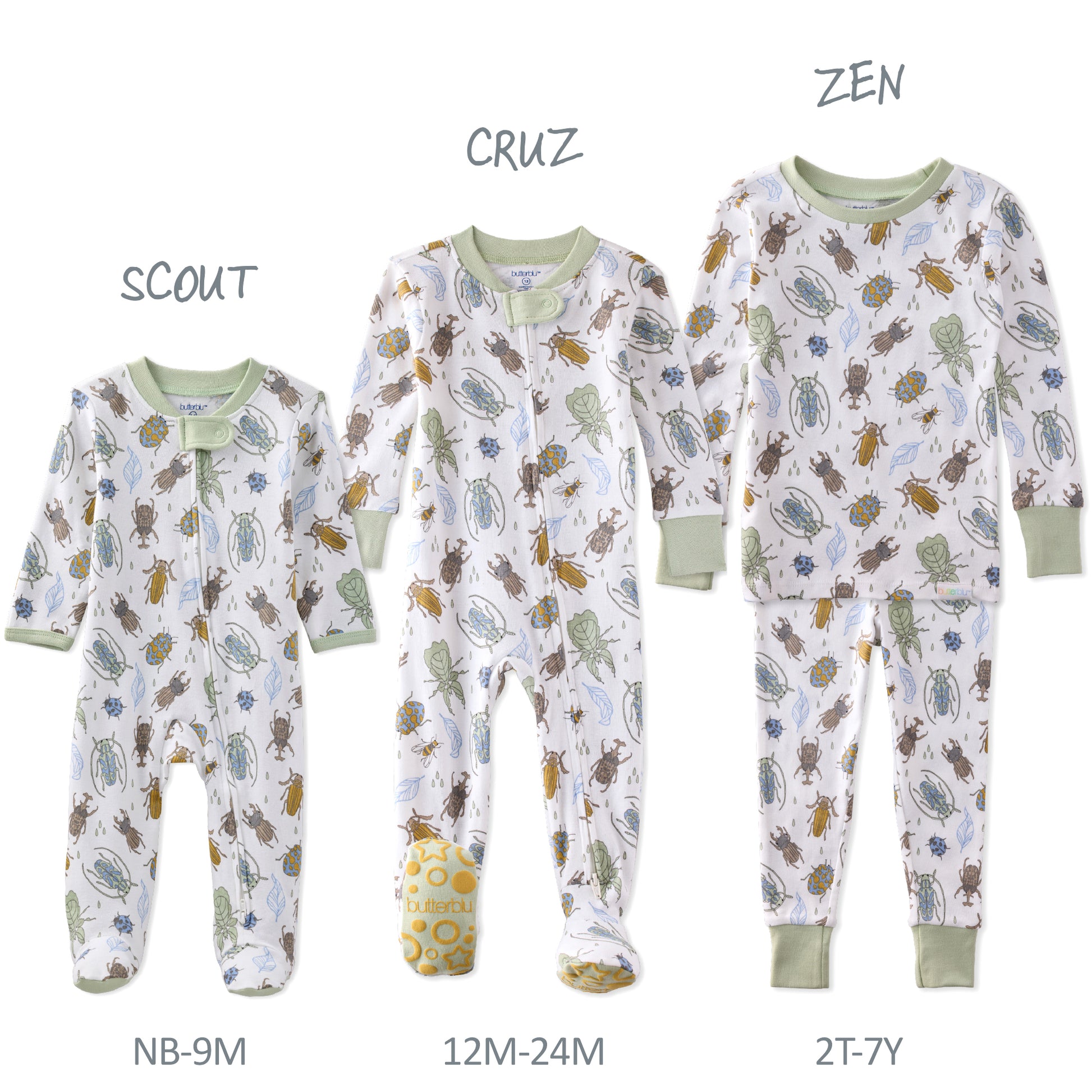 Three sizes of children's pajamas with patterns labeled 'Scout', 'Cruz', and 'Zen' on a white background.