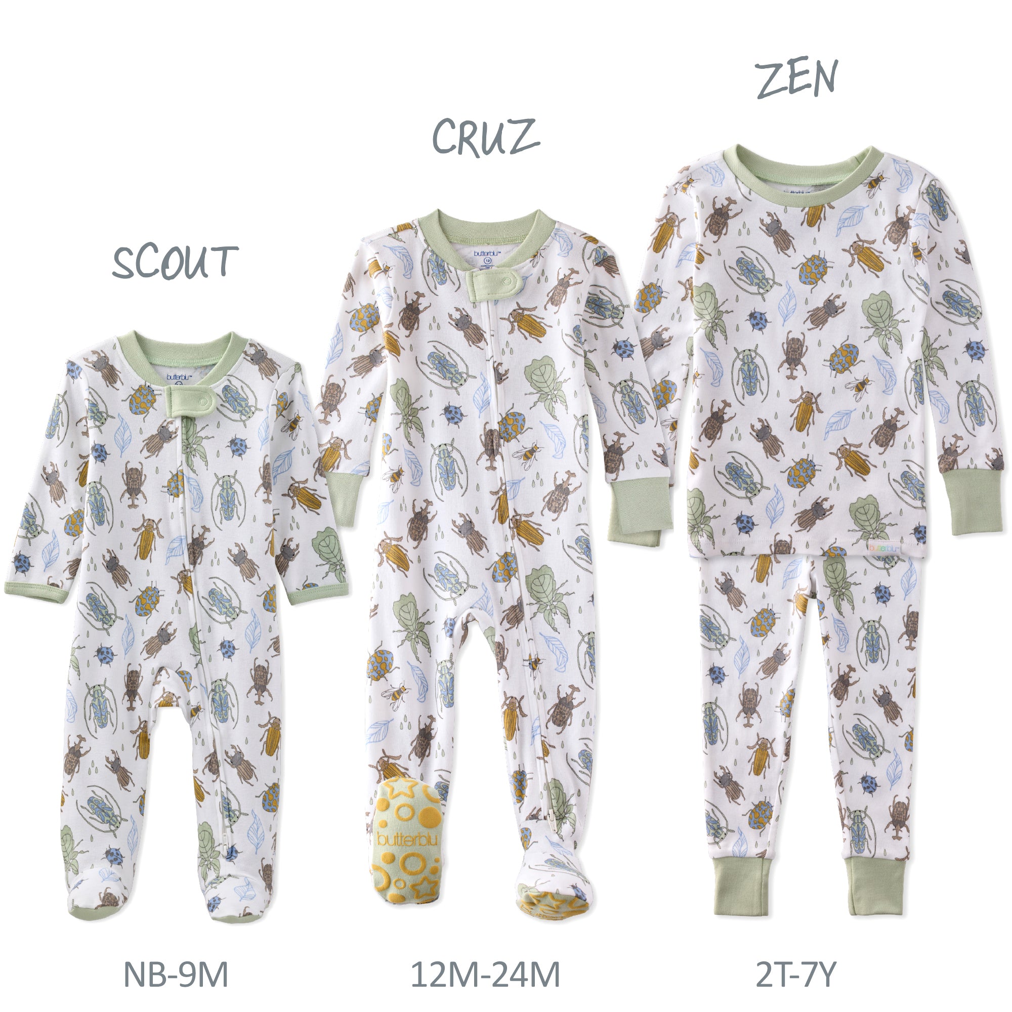 Three sizes of children's pajamas with patterns labeled 'Scout', 'Cruz', and 'Zen' on a white background.