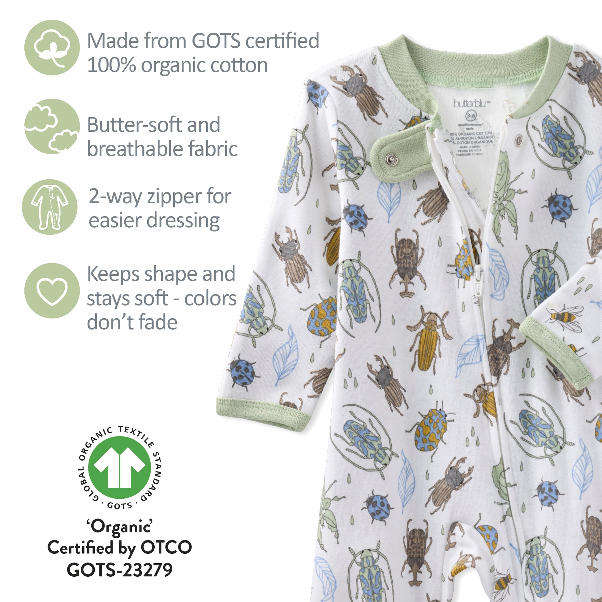 Baby onesie with beetle pattern and organic certification details on a white background