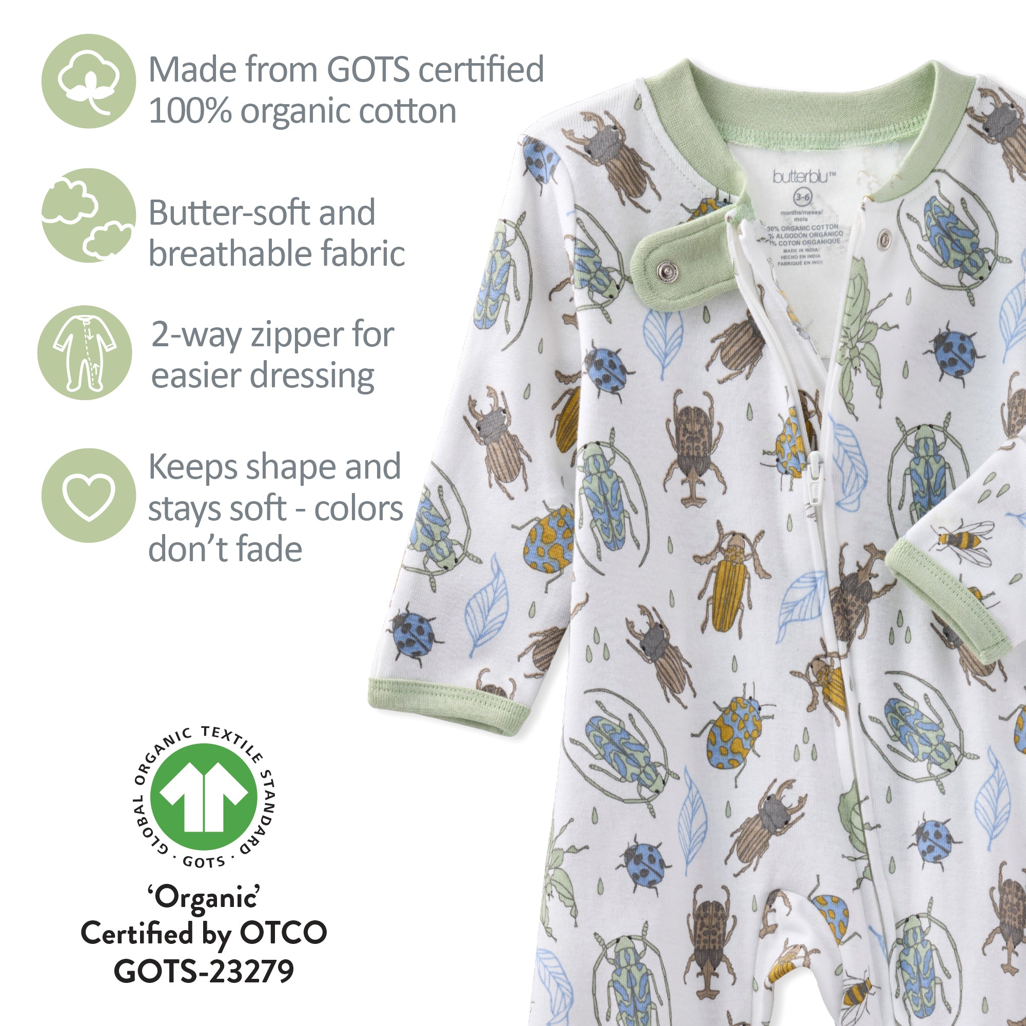 Baby onesie with beetle pattern and organic certification details on a white background