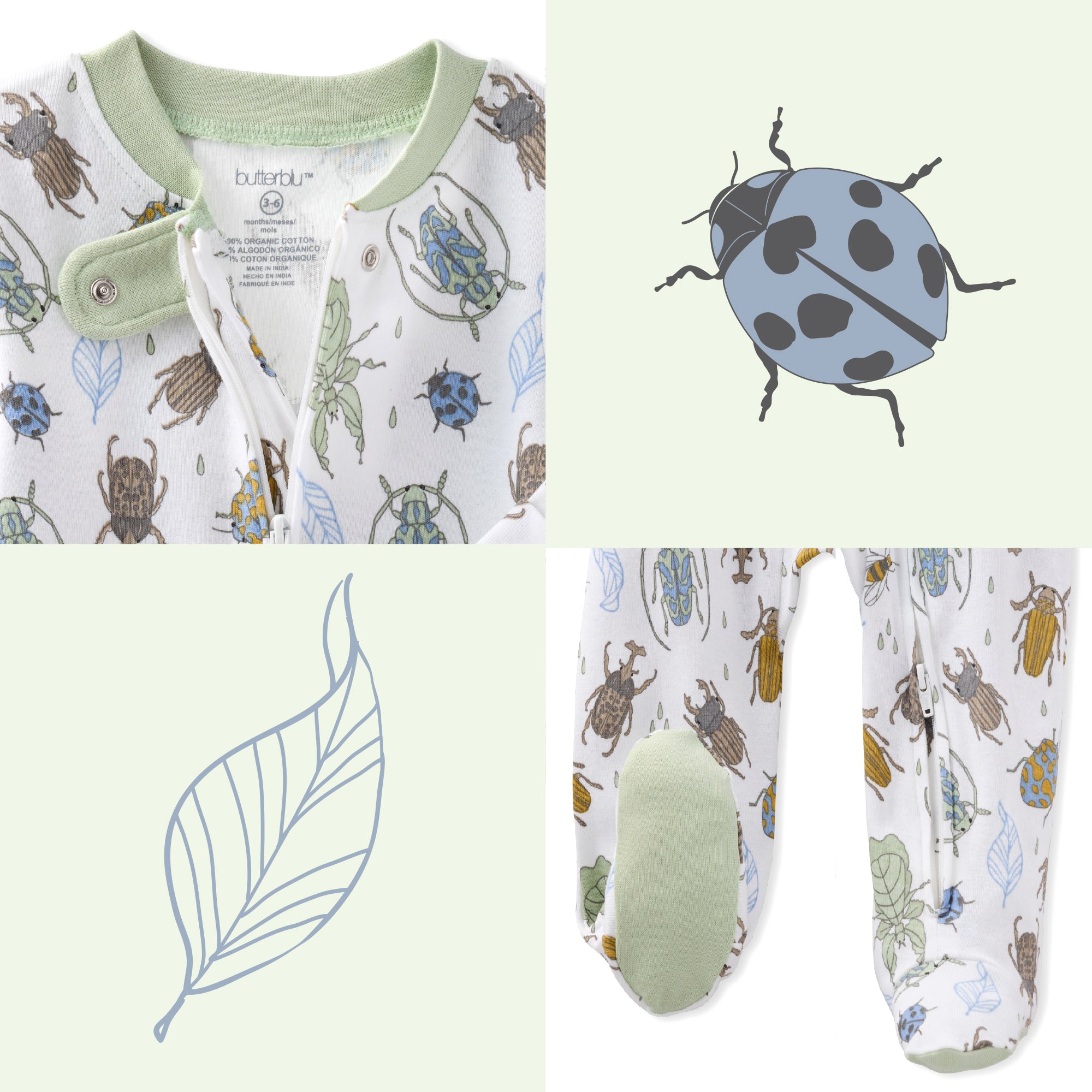 Baby romper with insect pattern and footies on a light green background