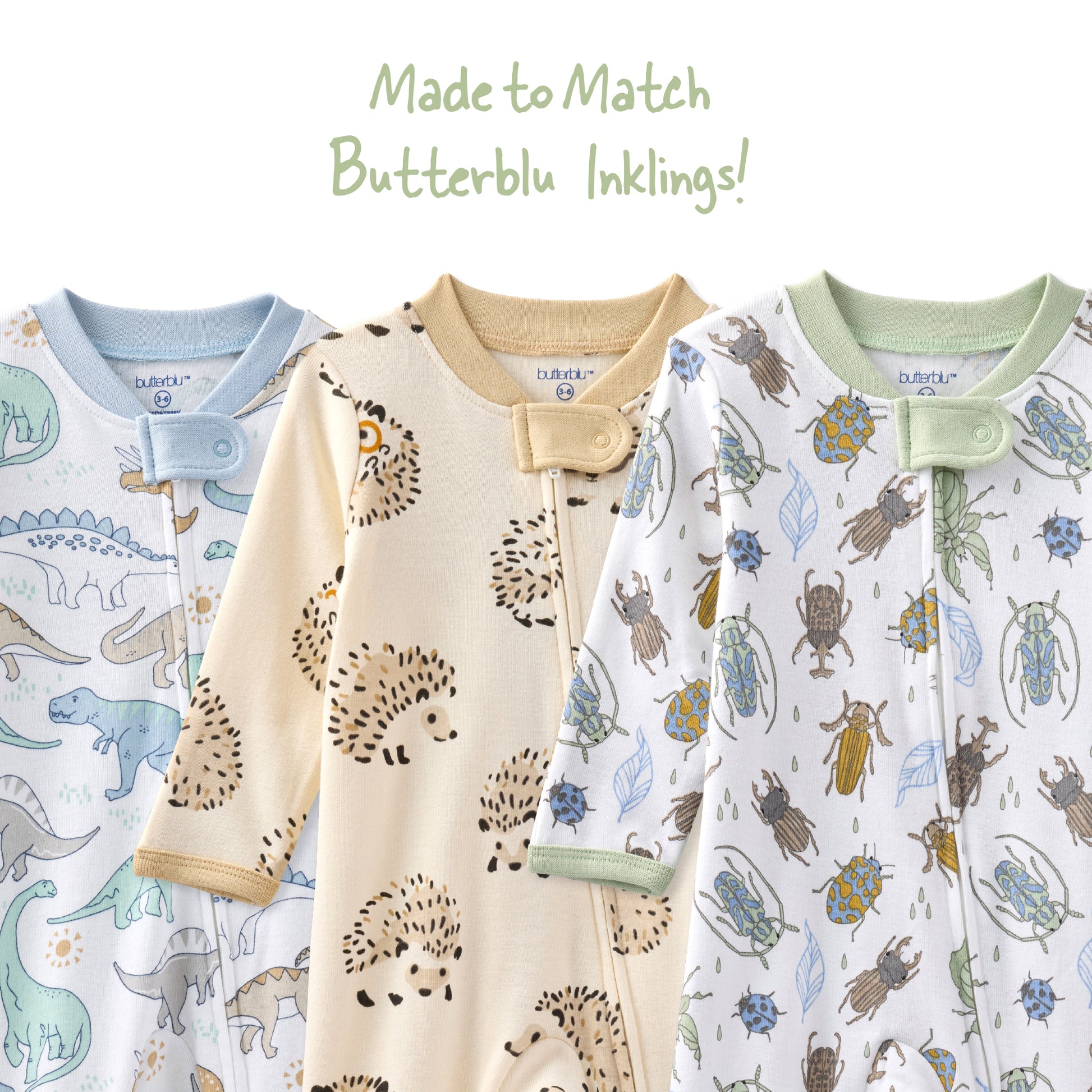 Three baby onesies with different patterns on a white background, labeled 'Made to Match Butterblu Inklings'.