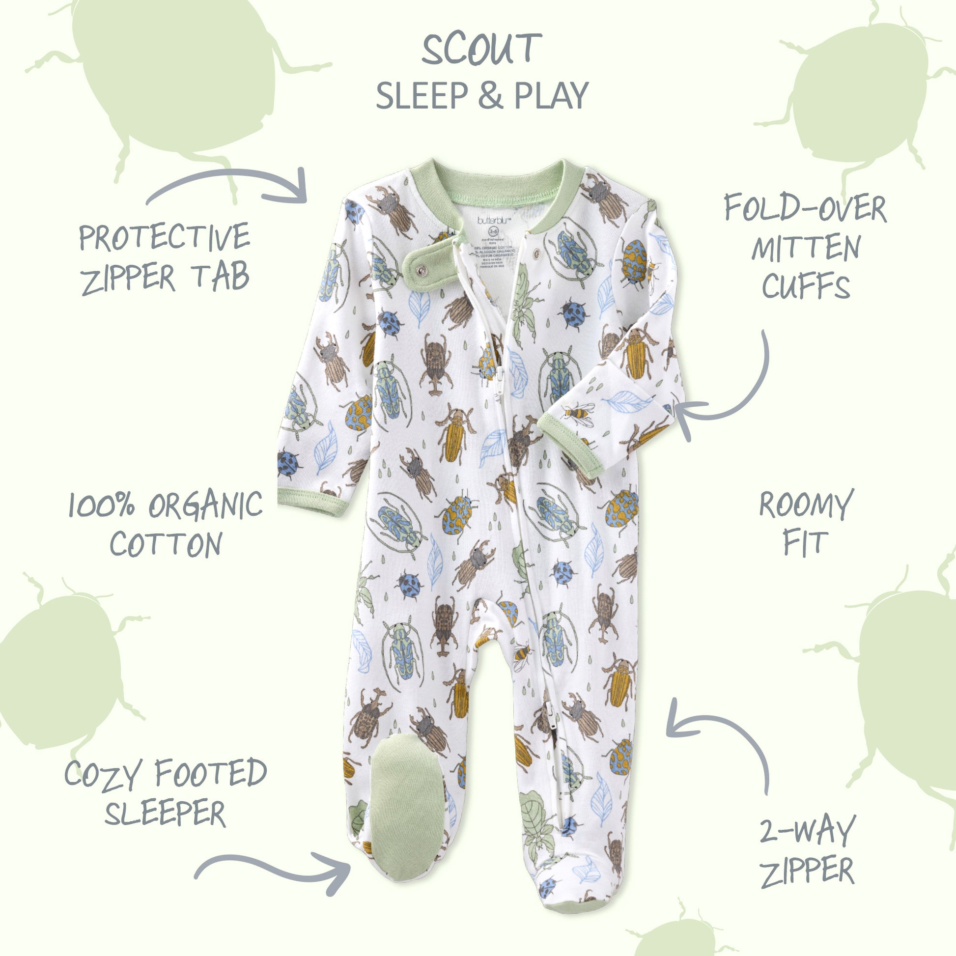 Baby sleep and play outfit with insect pattern on a light green background
