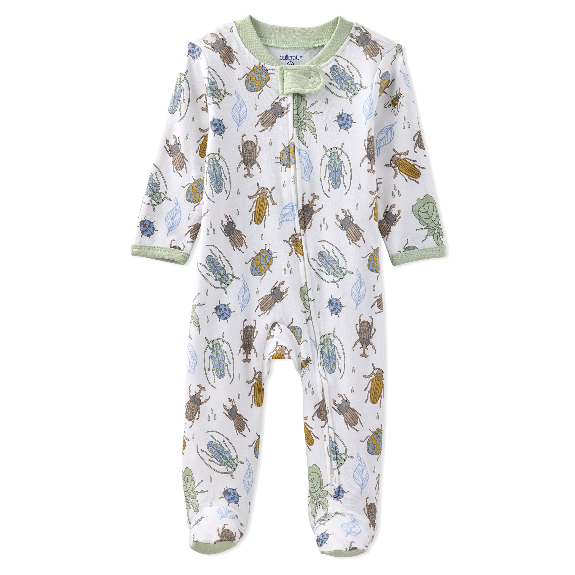 Baby onesie with insect pattern on a white background