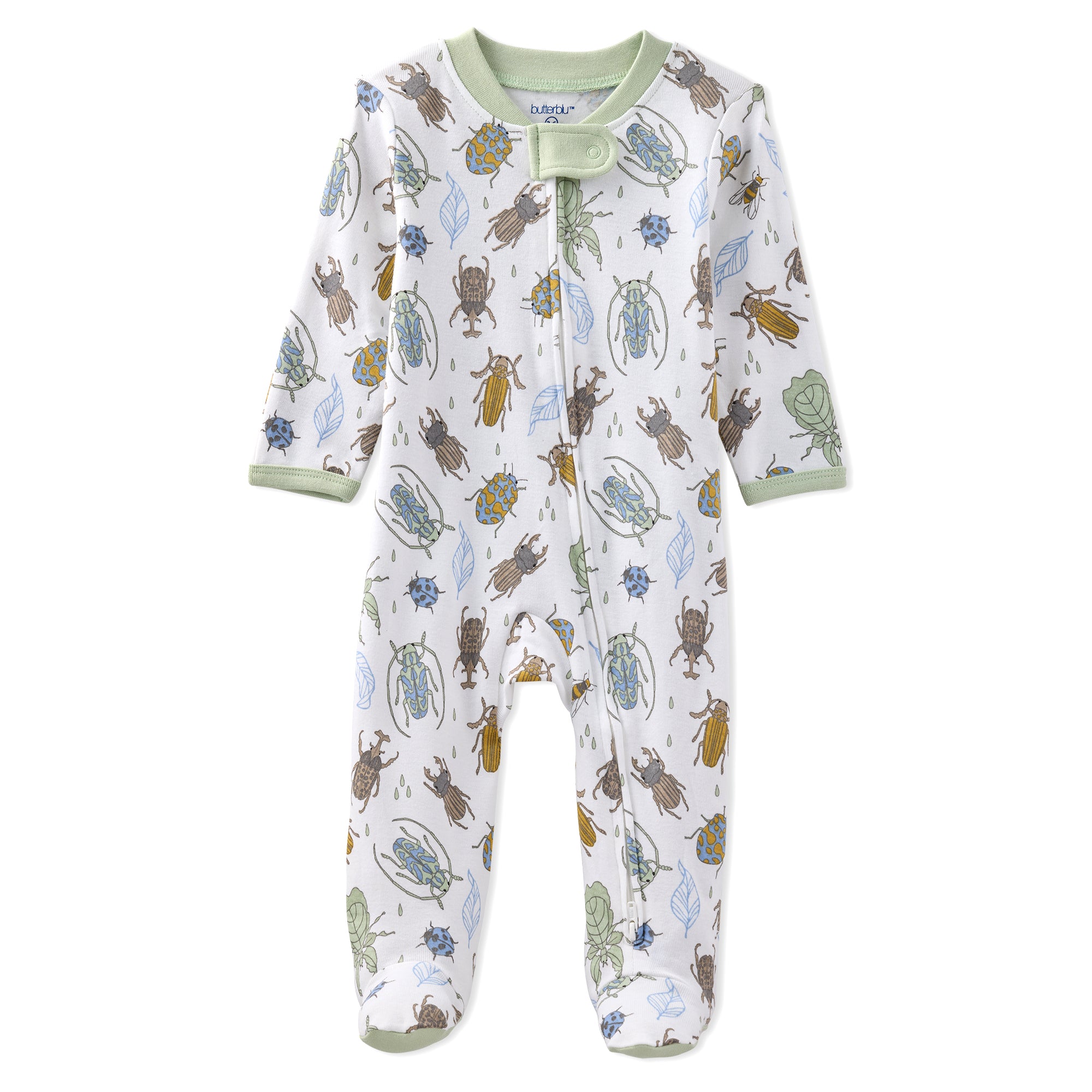 Baby onesie with insect pattern on a white background