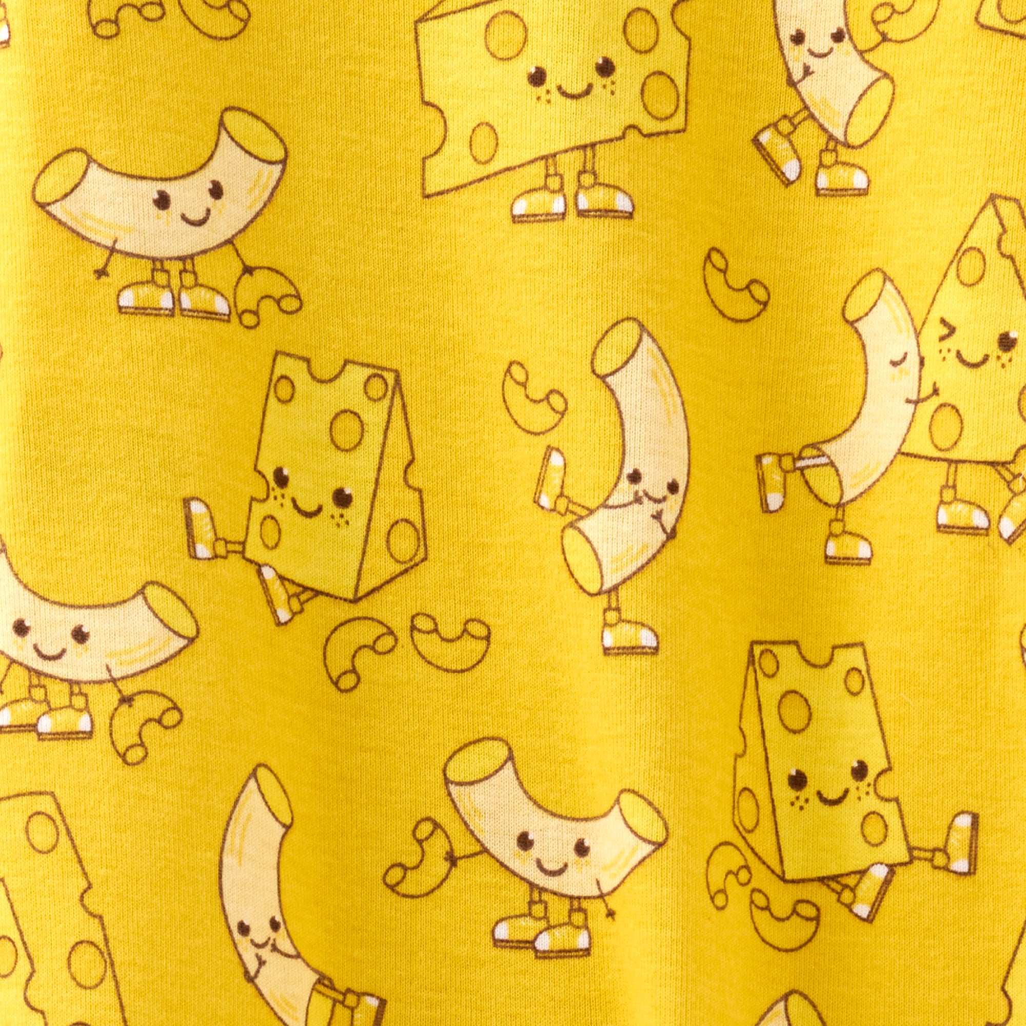 Pattern of cartoon mac and cheese characters on a yellow background