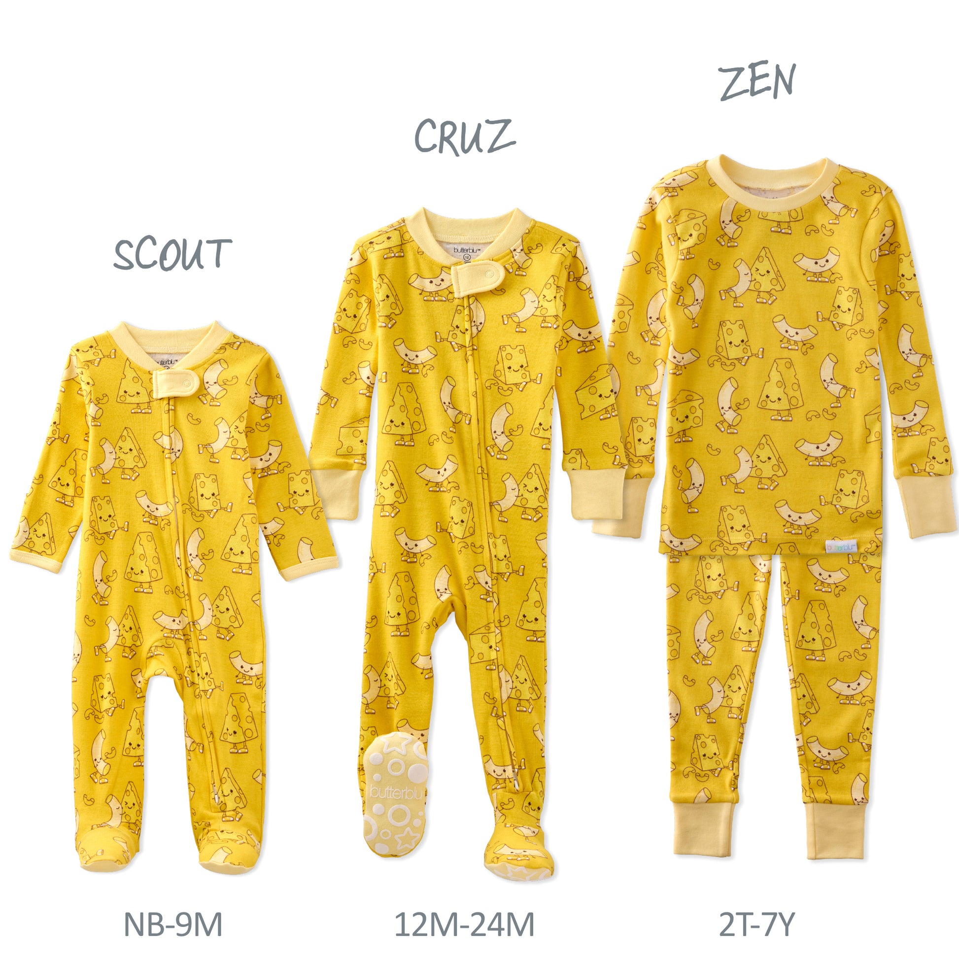 Three yellow baby onesies with different patterns and sizes on a white background.