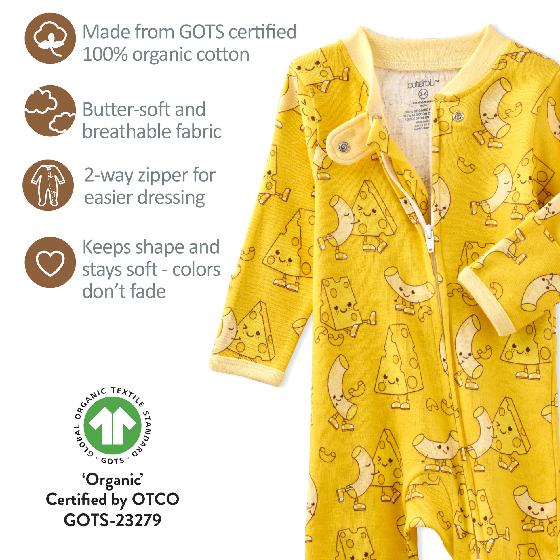Yellow baby onesie with cheese pattern and certification details on a white background