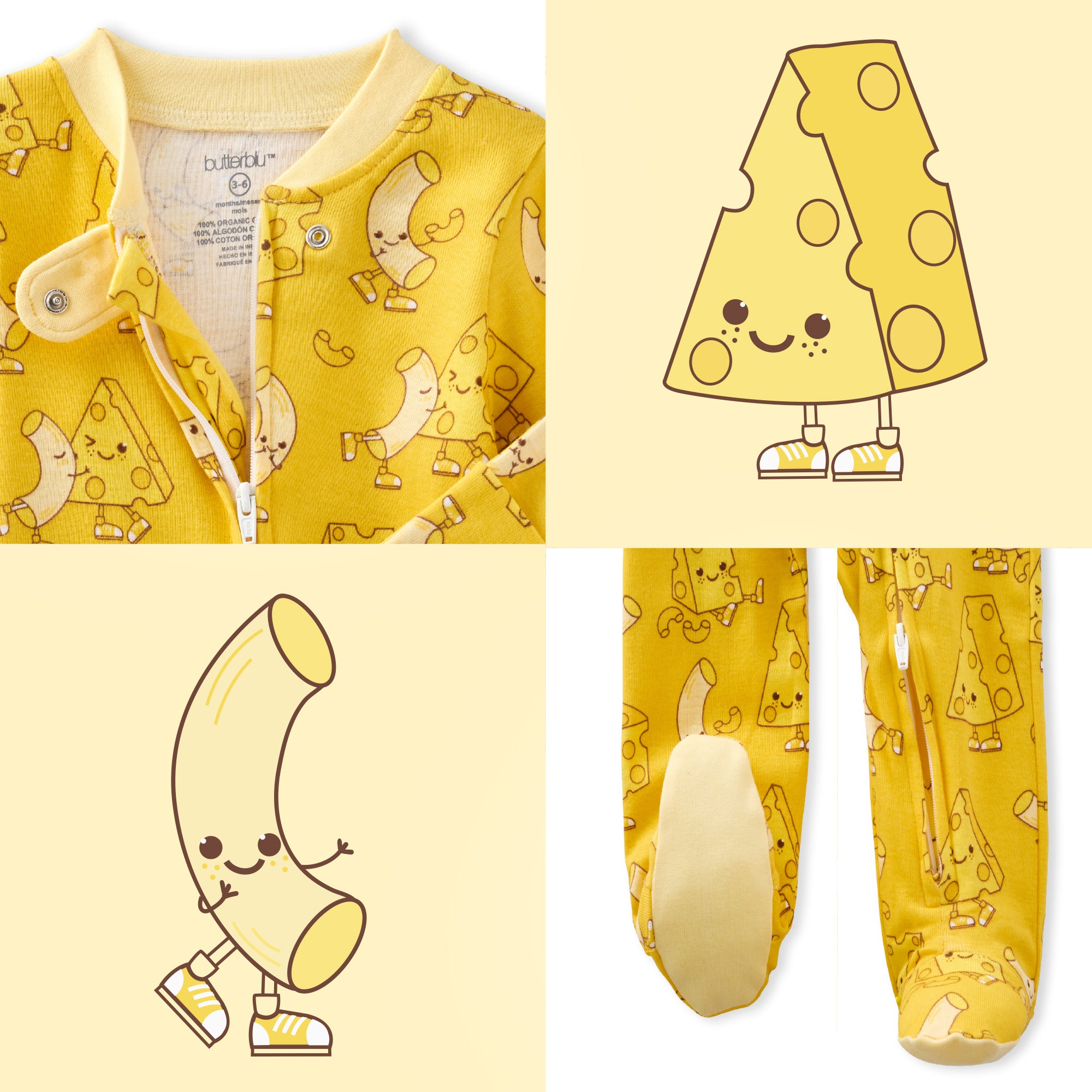 Collage of yellow baby onesie with cheese and banana patterns on a white background