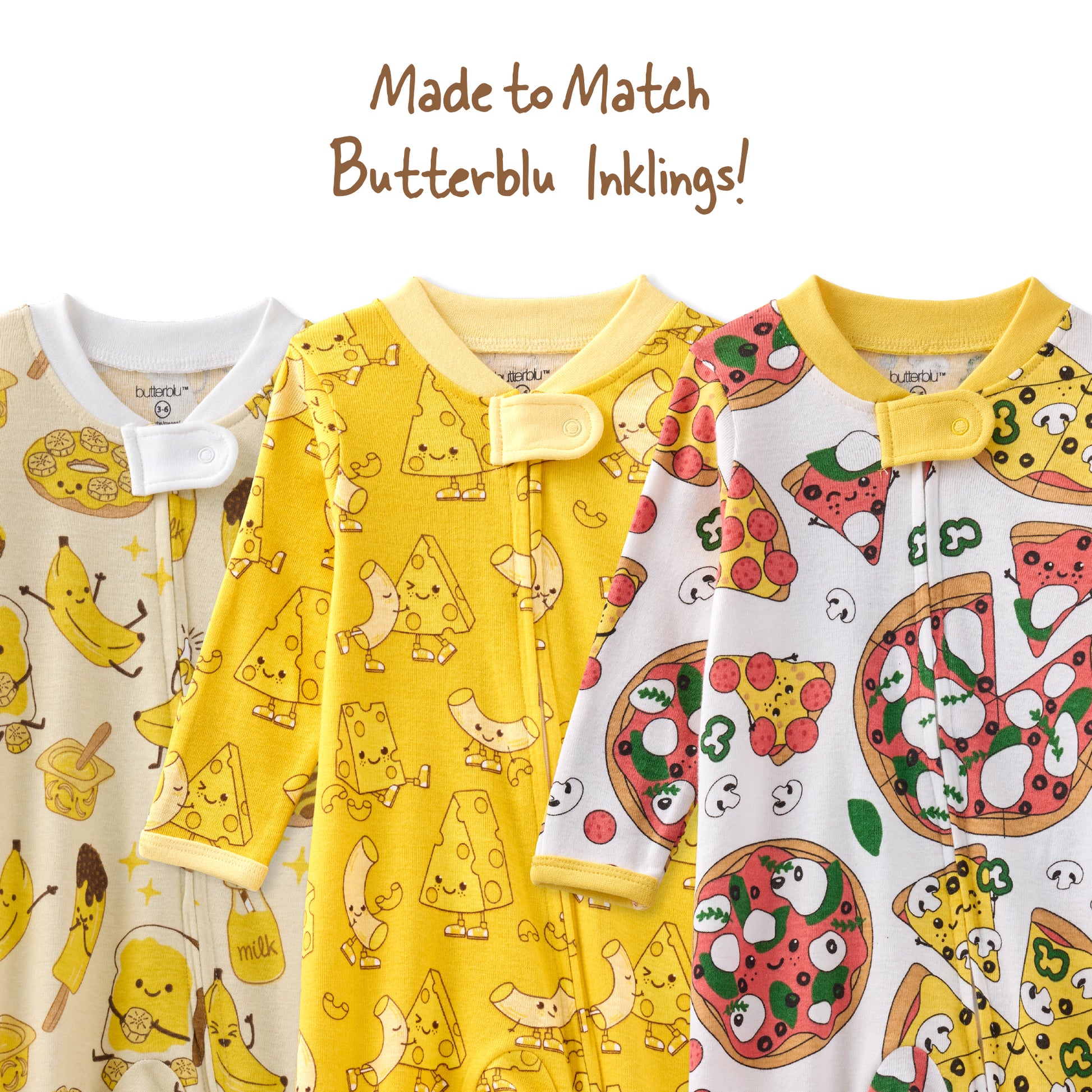 Three children's pajama sets with different patterns on a white background.