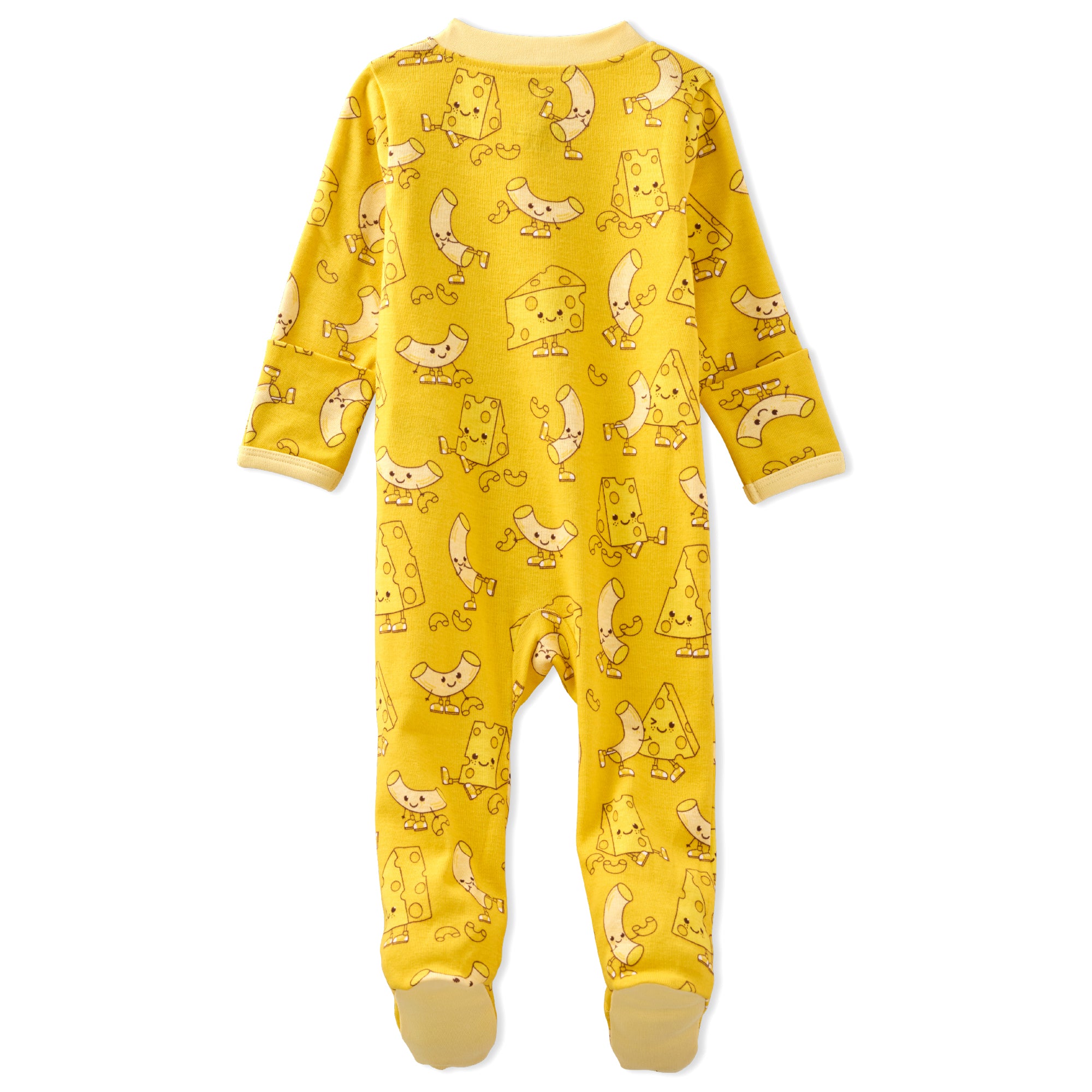 Yellow baby onesie with cartoon print on a white background