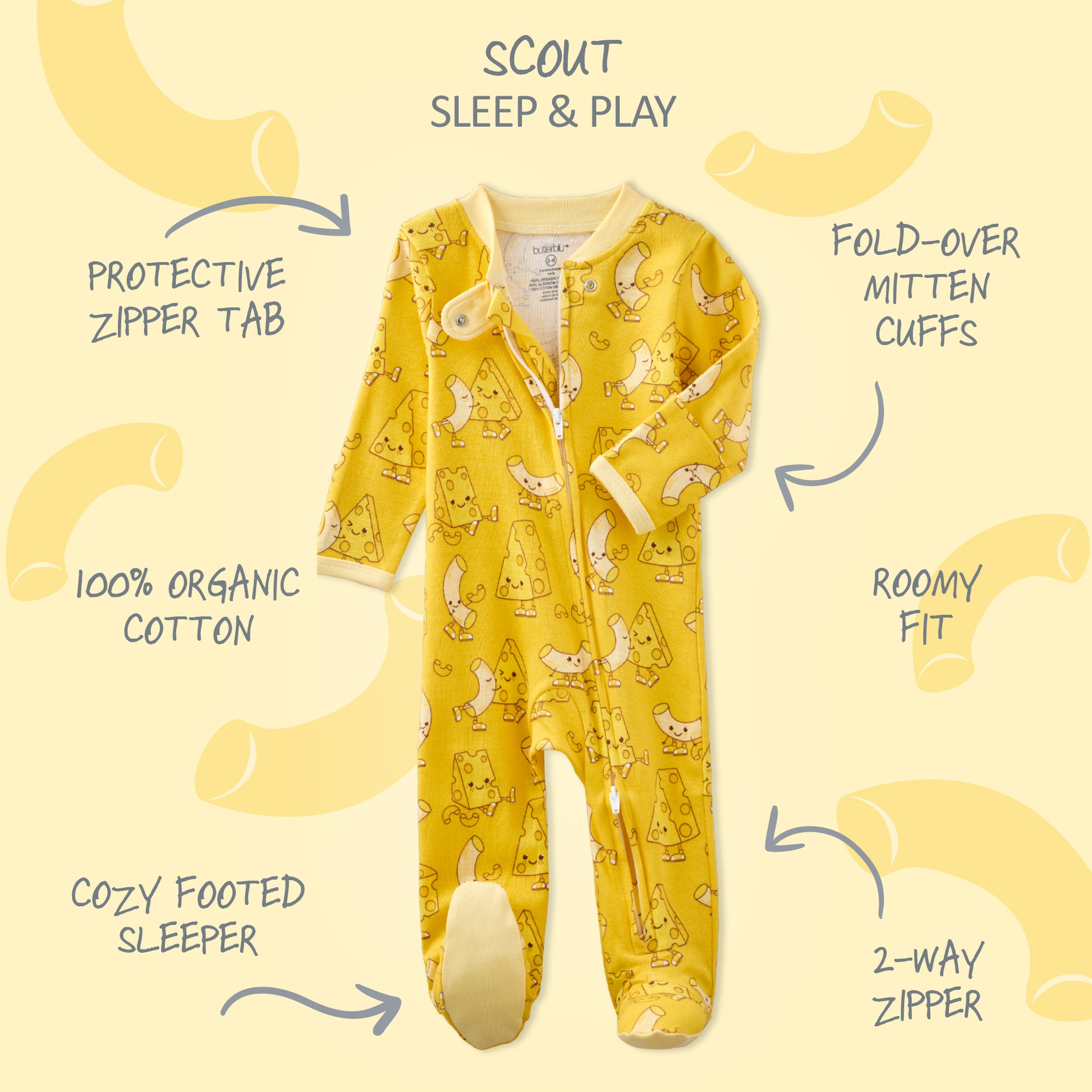 Yellow baby onesie with cartoon design on a beige background, featuring text labels about the product.