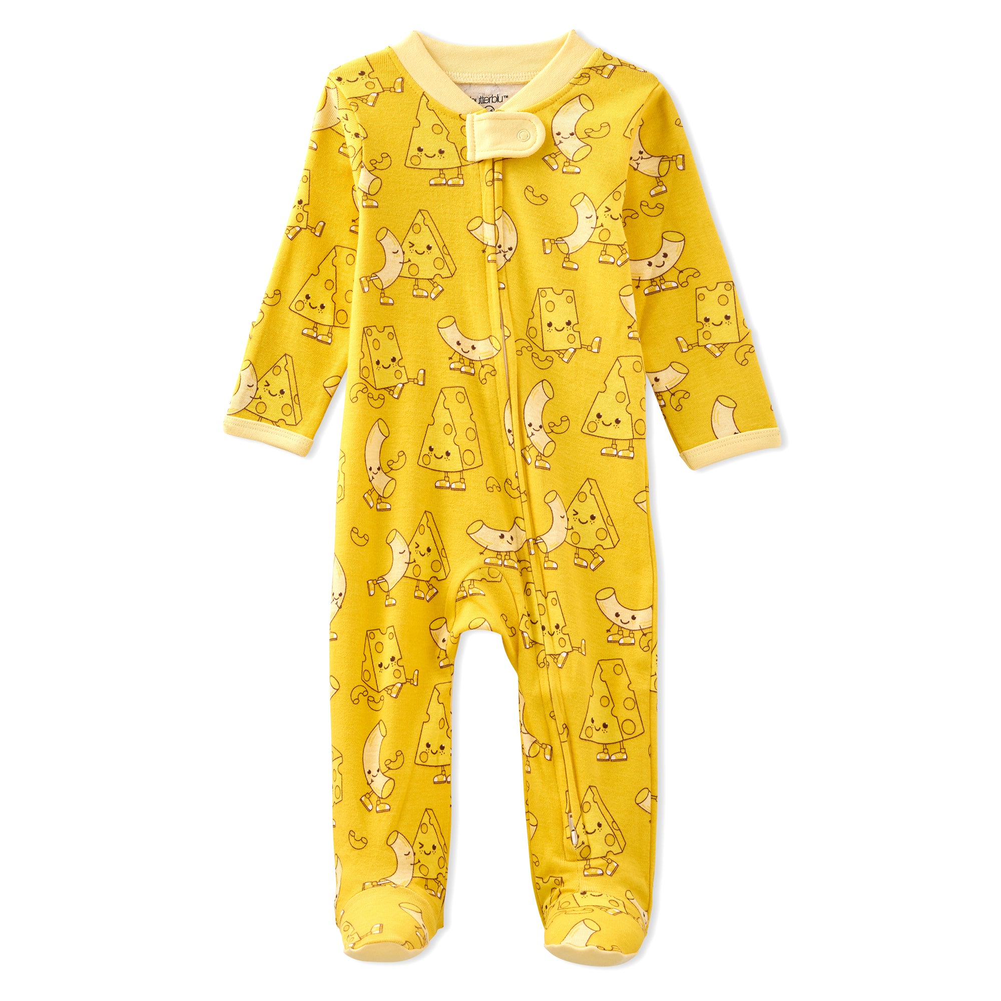 Yellow baby onesie with mac and cheese pattern on a white background