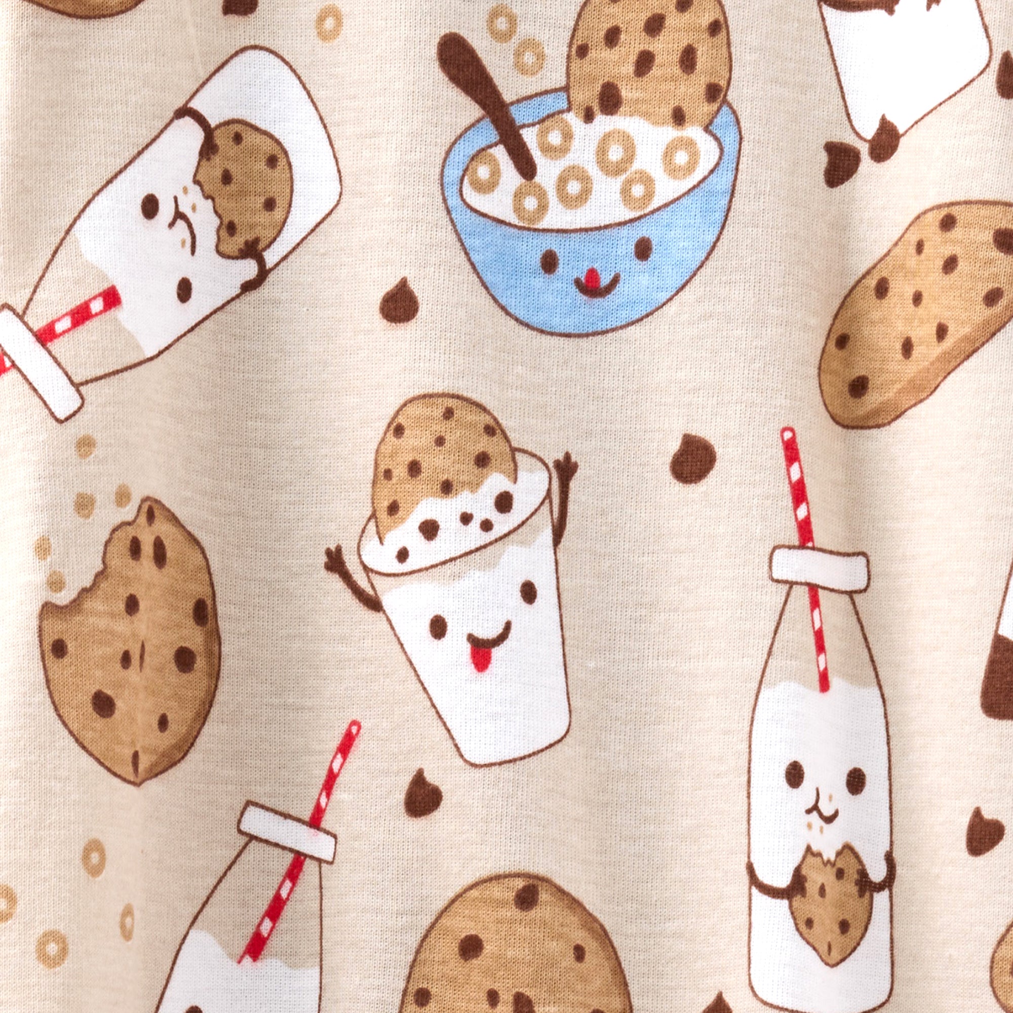 Pattern of cartoon-style cookies, milk bottles, and cereal bowls on a beige background.