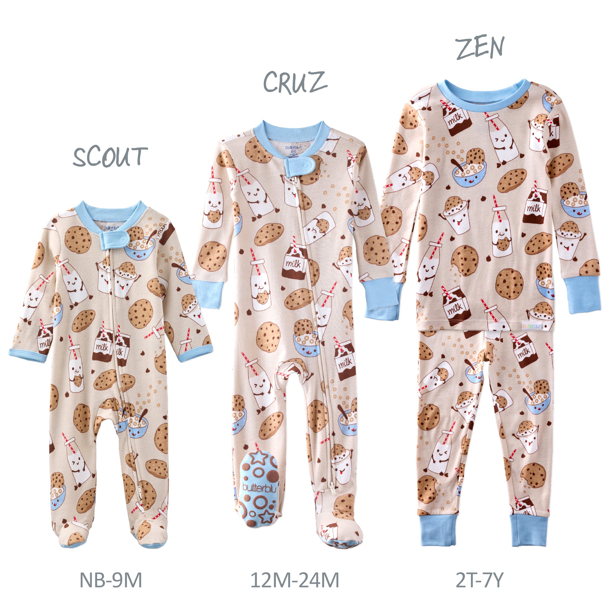 Three baby pajamas with different patterns and sizes on a white background