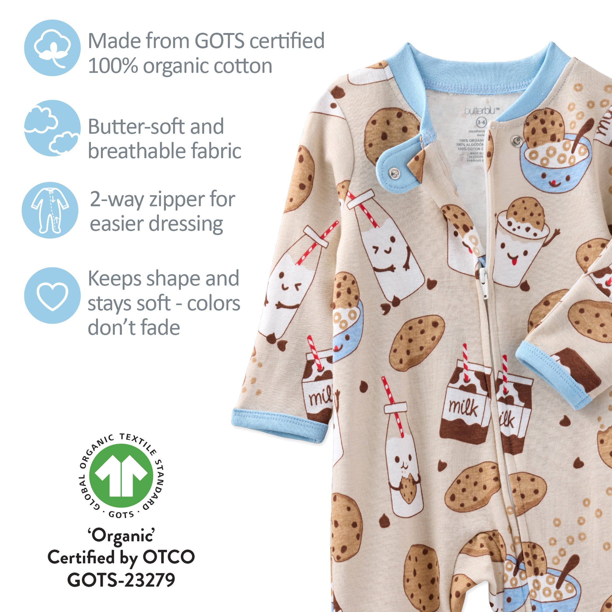 Baby onesie with cookie and milk design, featuring organic cotton certification details.