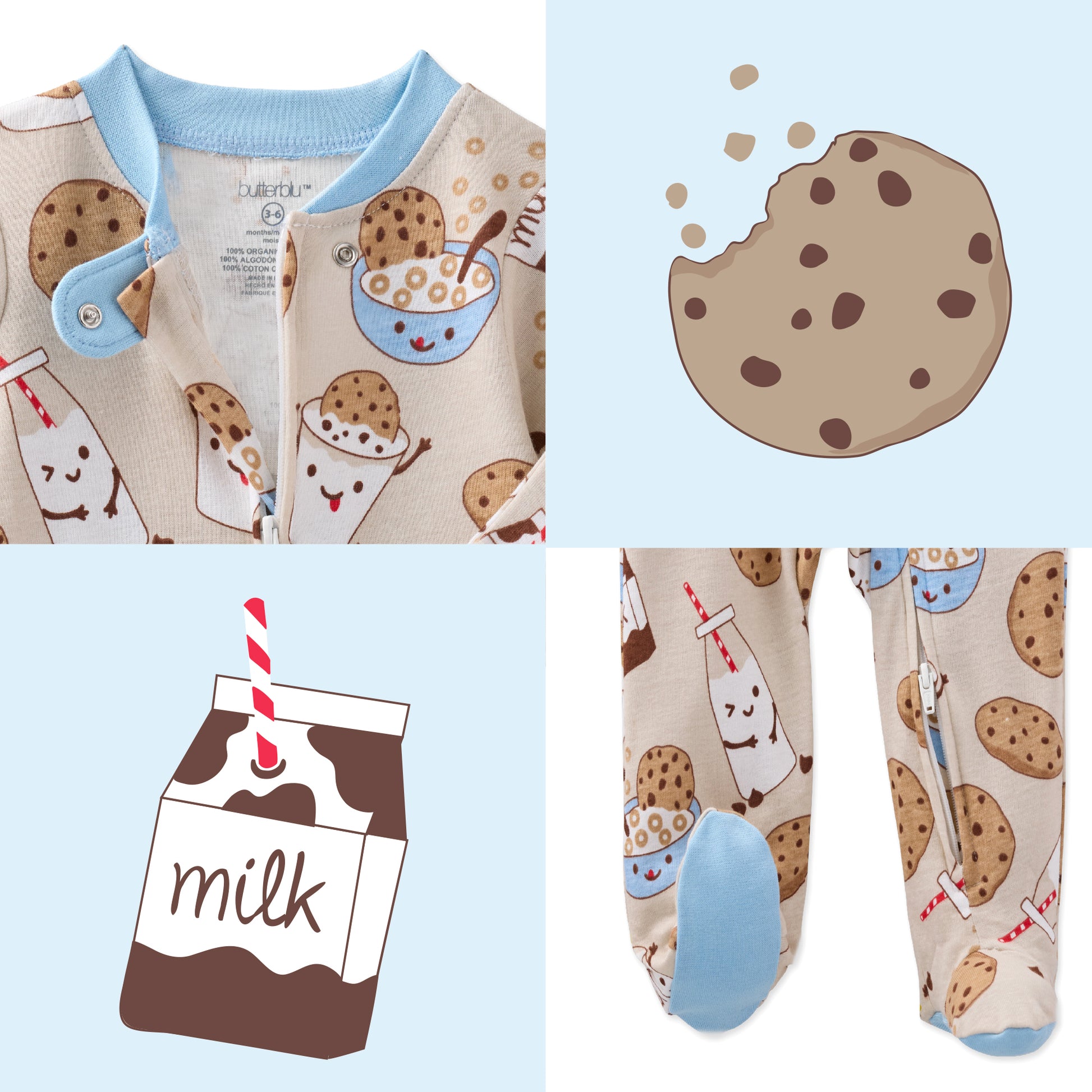 Baby outfit with cookie and milk design on a light blue background