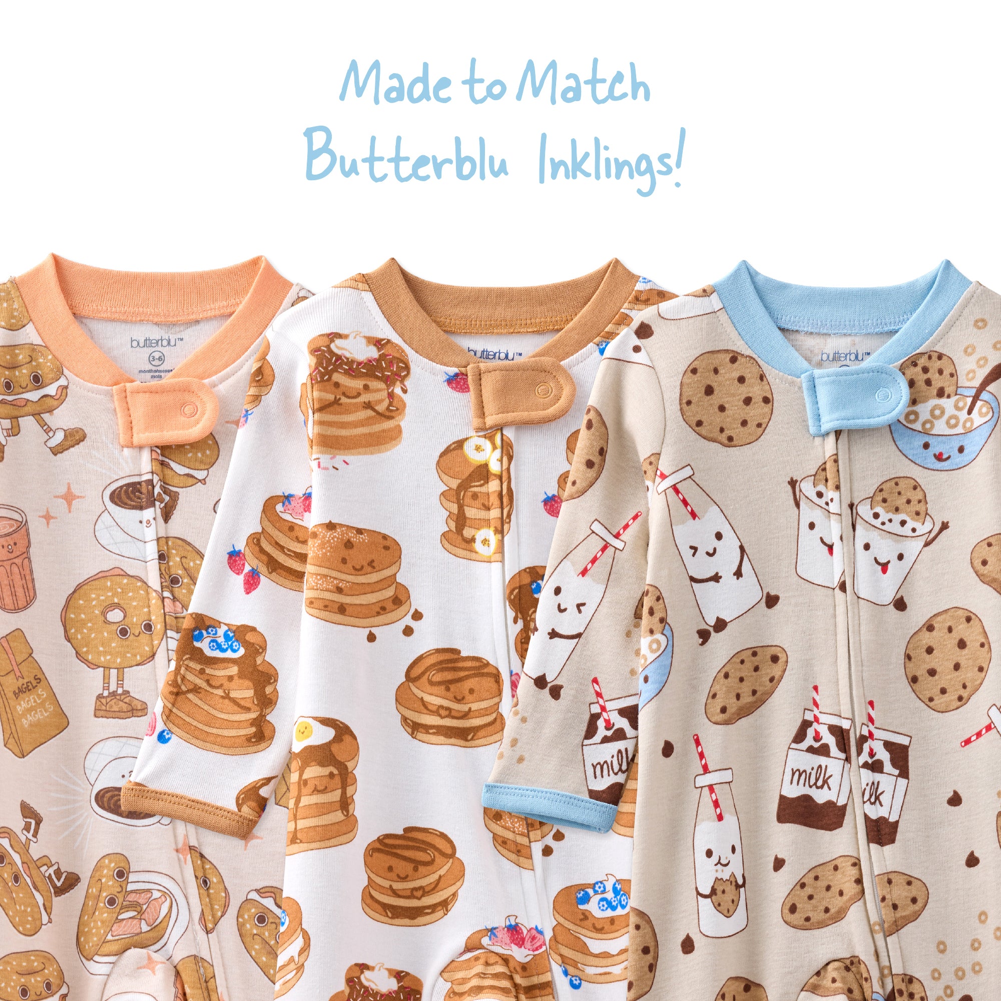 Three baby onesies with breakfast-themed patterns on a white background.