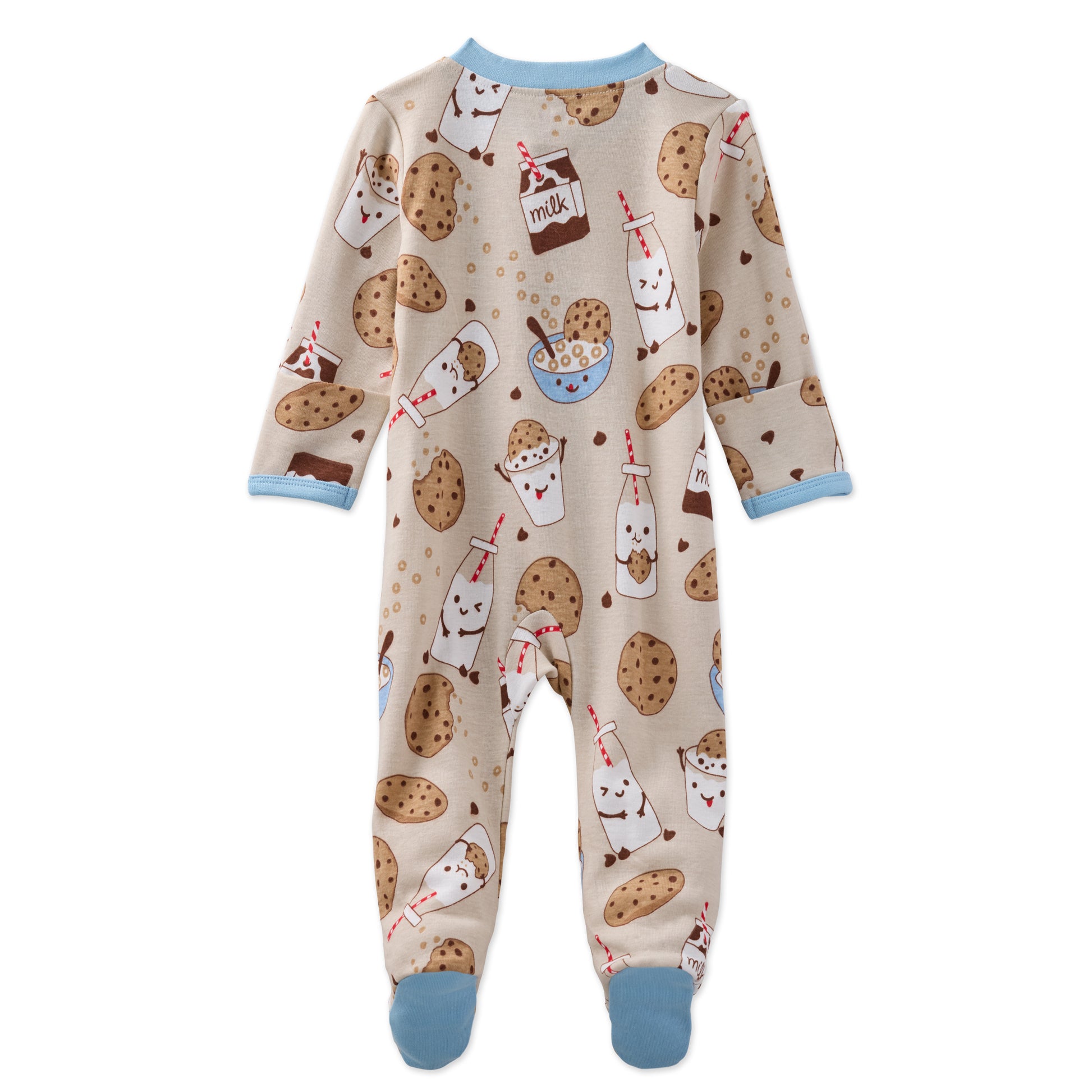 Children's onesie with cookies and milk pattern on a beige background