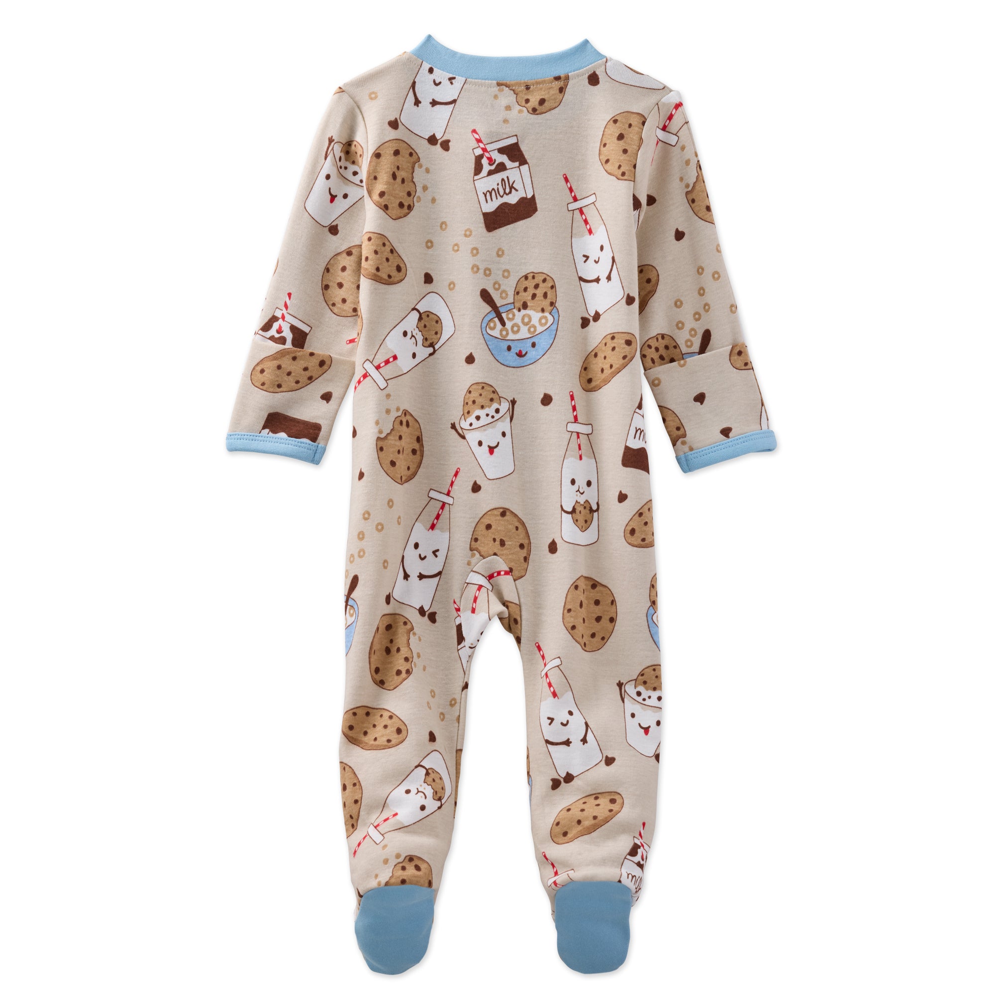 Children's onesie with cookies and milk pattern on a beige background