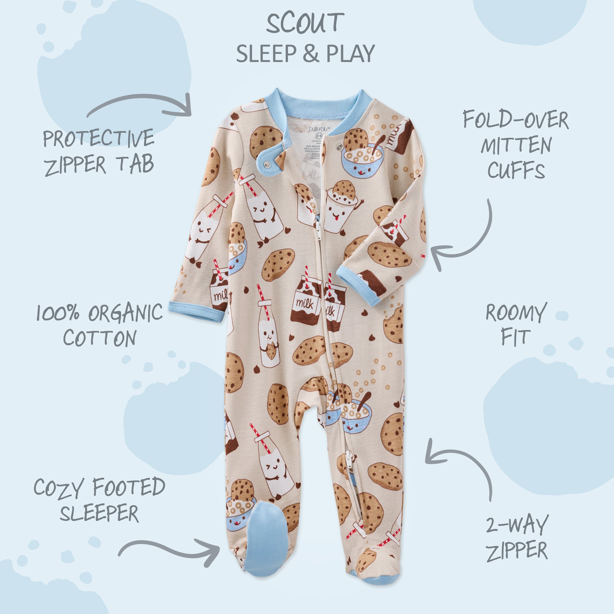 Children's pajama set with various features highlighted on a blue background