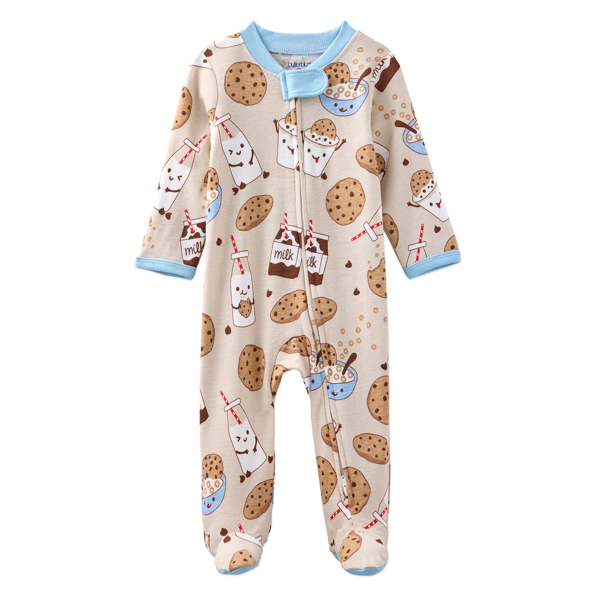 Baby onesie with cookies and milk pattern on a beige background