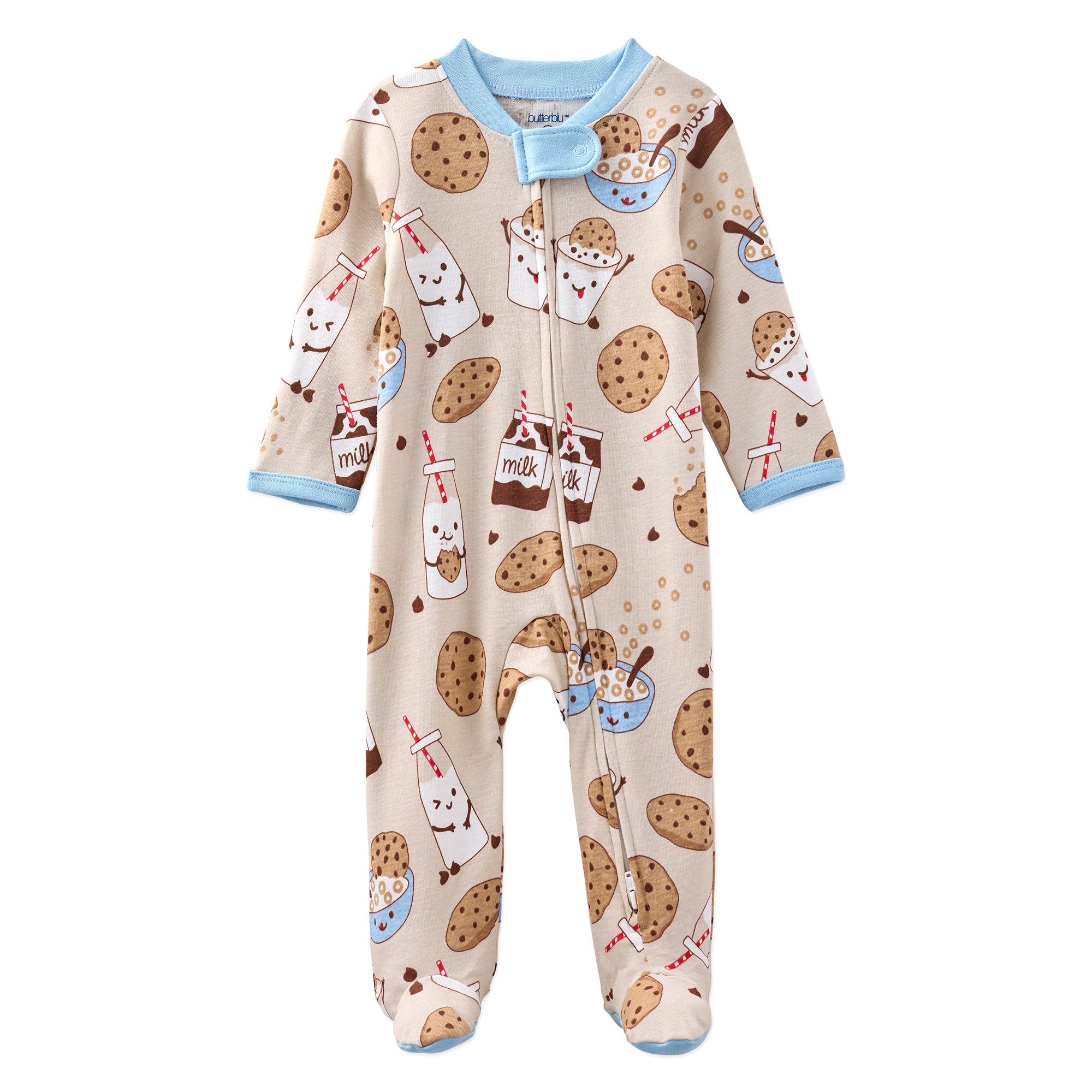 Baby onesie with cookies and milk pattern on a beige background