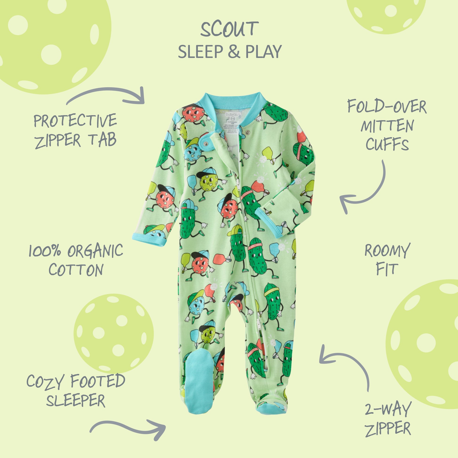 Scout sleeveless bodysuit with product descriptions surrounding it and SCOUT title at the top
