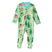 Green baby pajamas with pickle's playing pickleball on a white background
