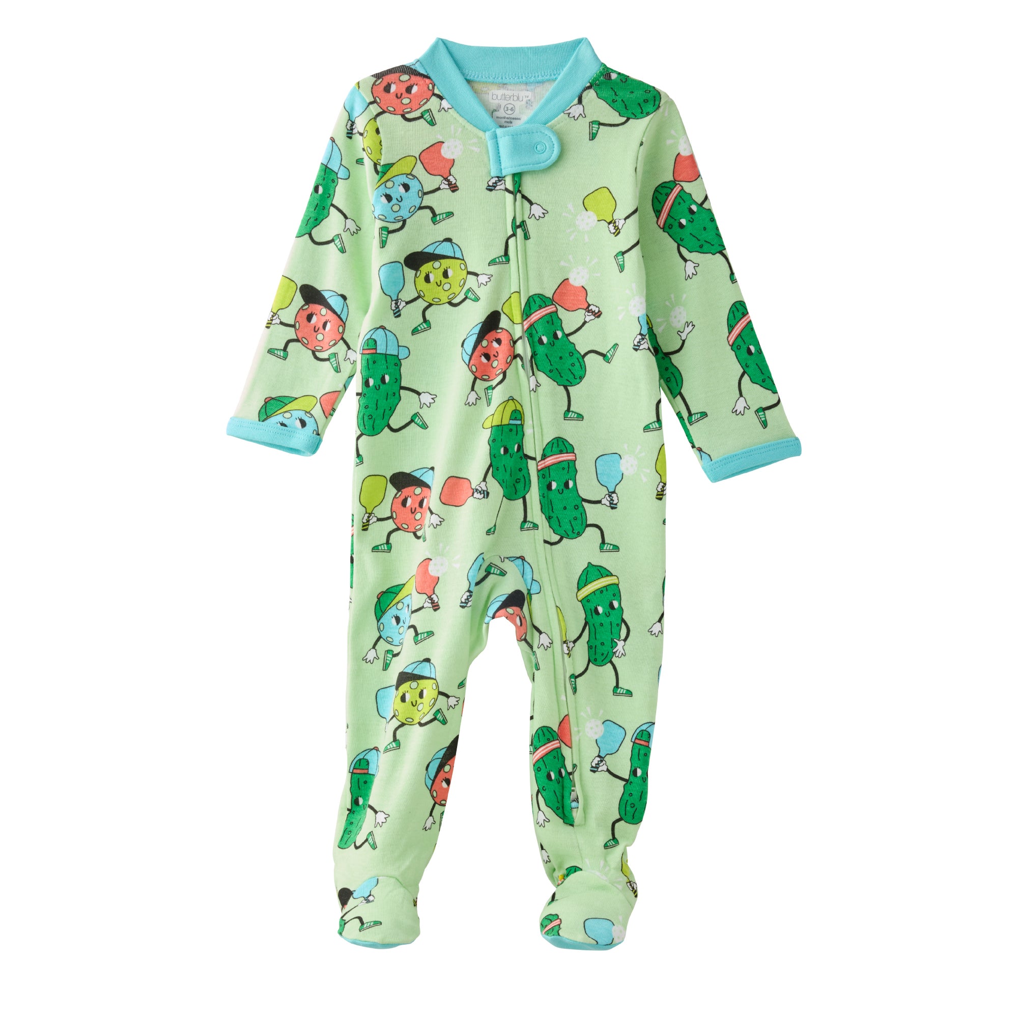Green baby pajamas with pickle's playing pickleball on a white background