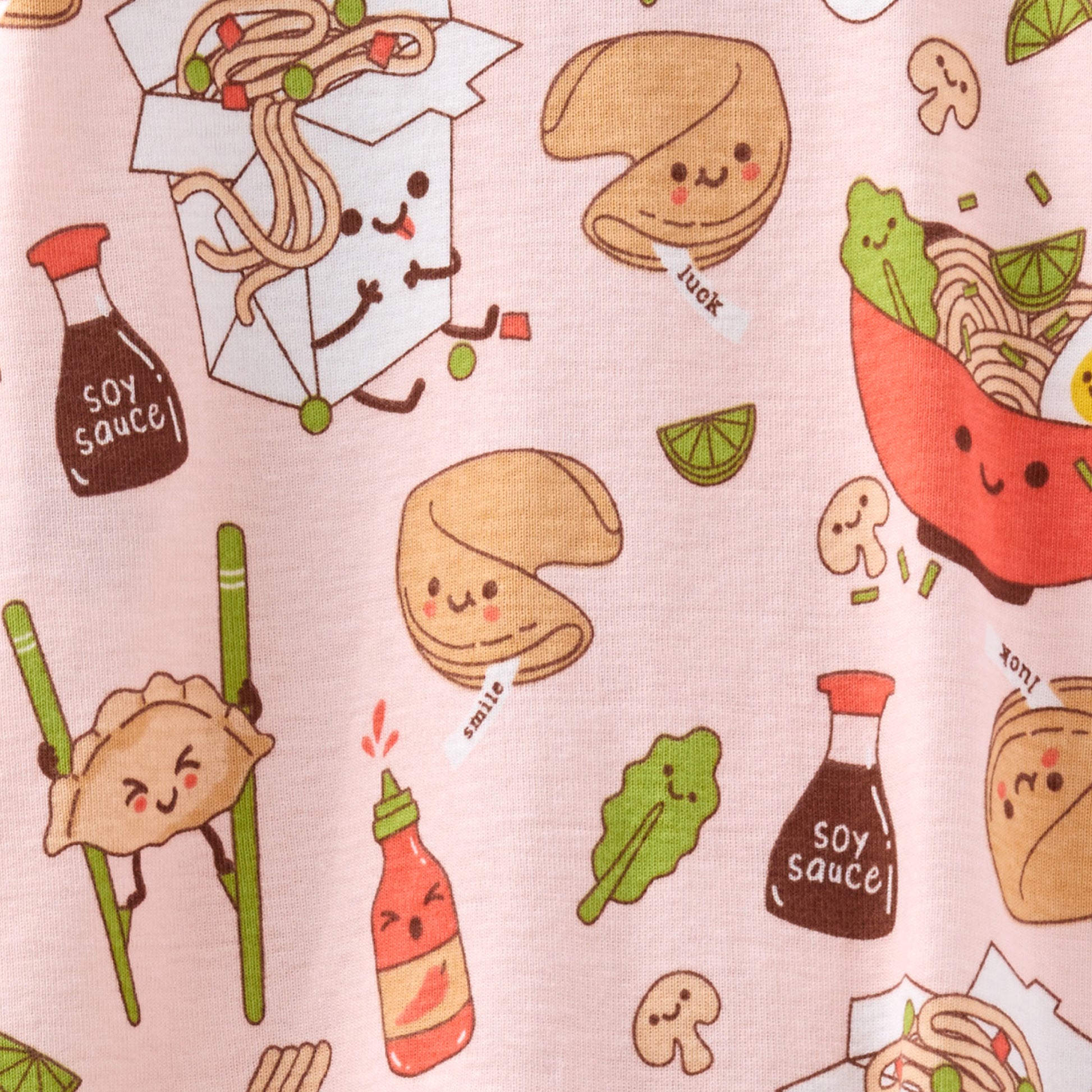 Cute illustrated pattern of food items on a pink background