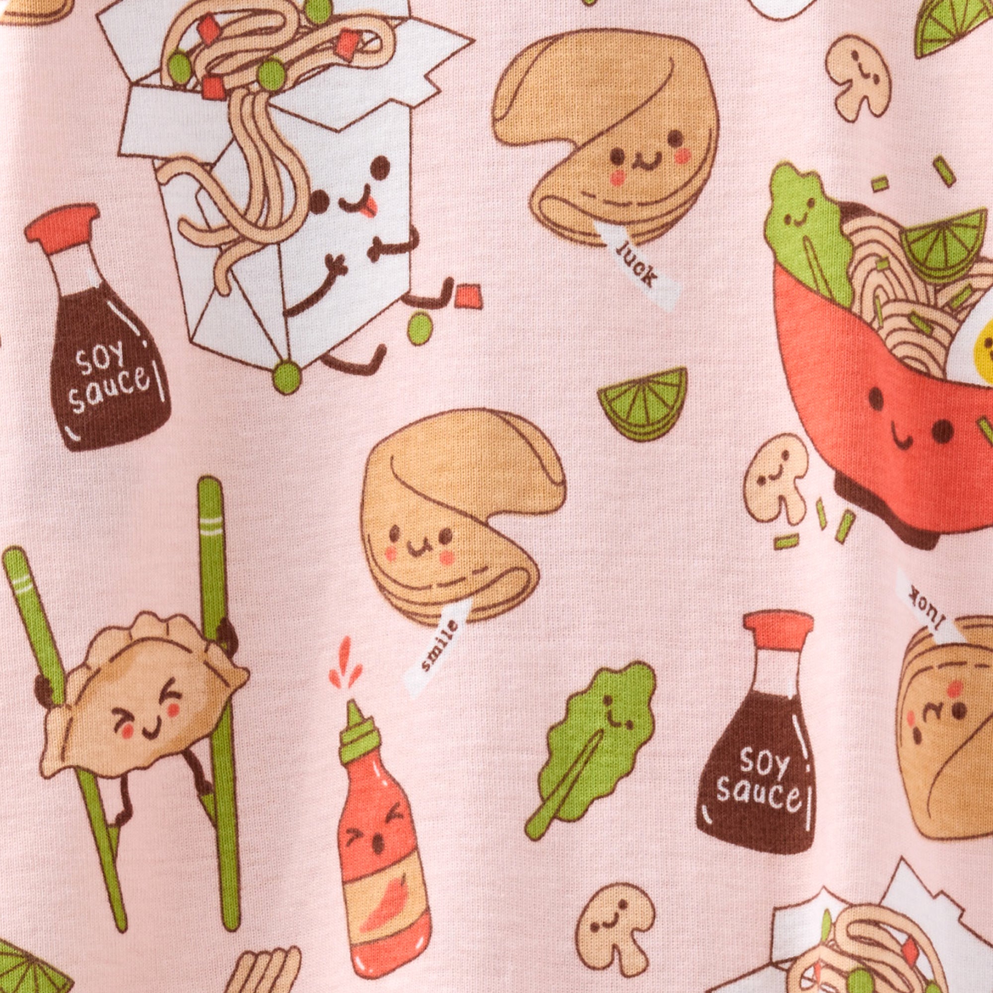 Cute illustrated pattern of food items on a pink background
