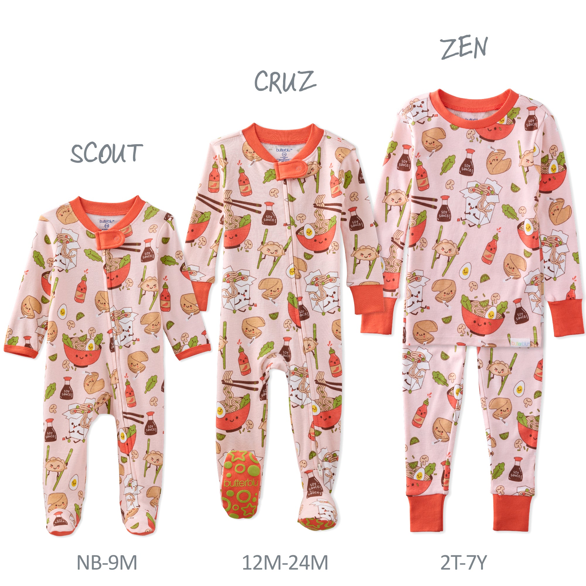 Three children's pajamas with different sizes labeled 'Scout', 'Cruz', and 'Zen' on a white background.