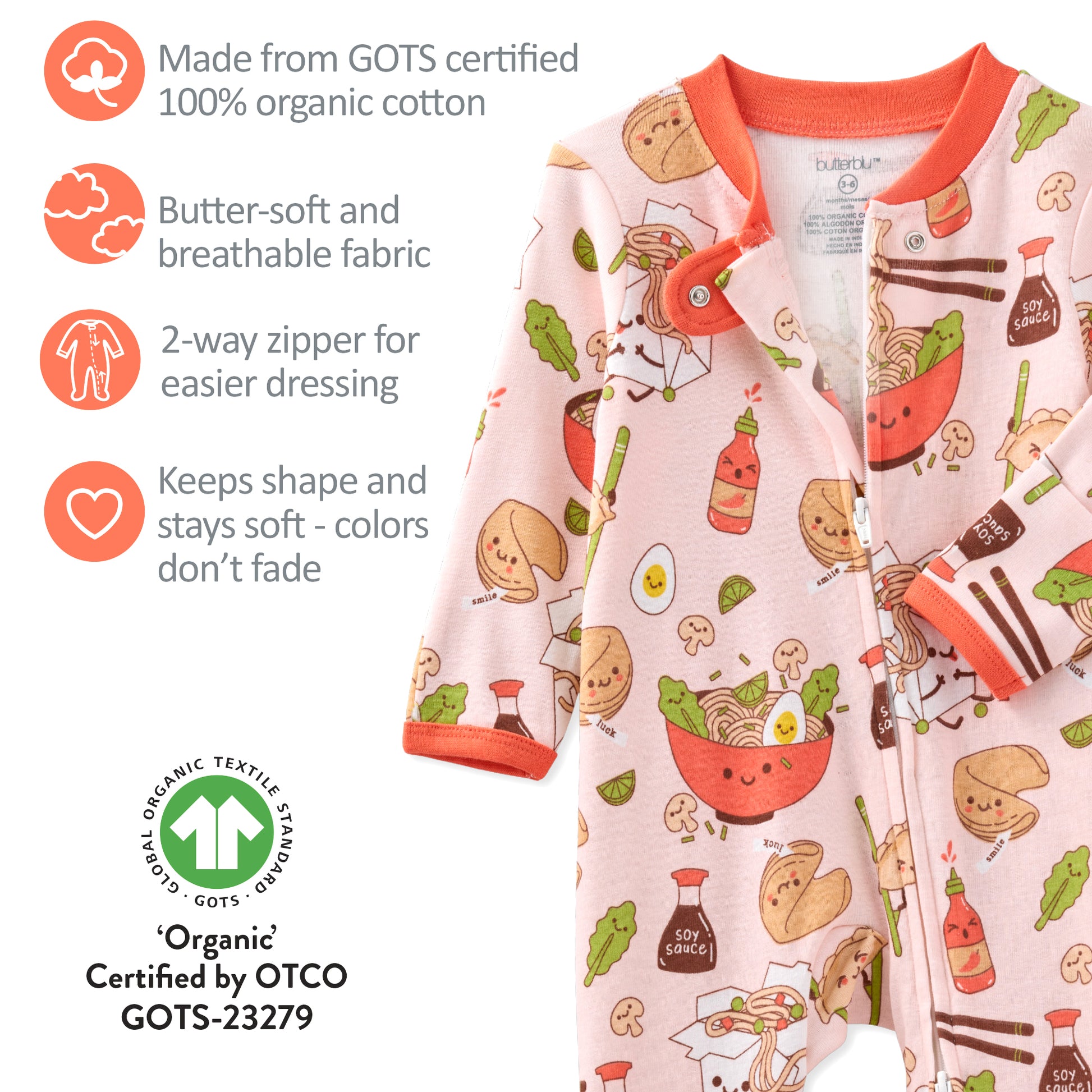 Children's pajama set with food-themed design on a white background, featuring GOTS certification.