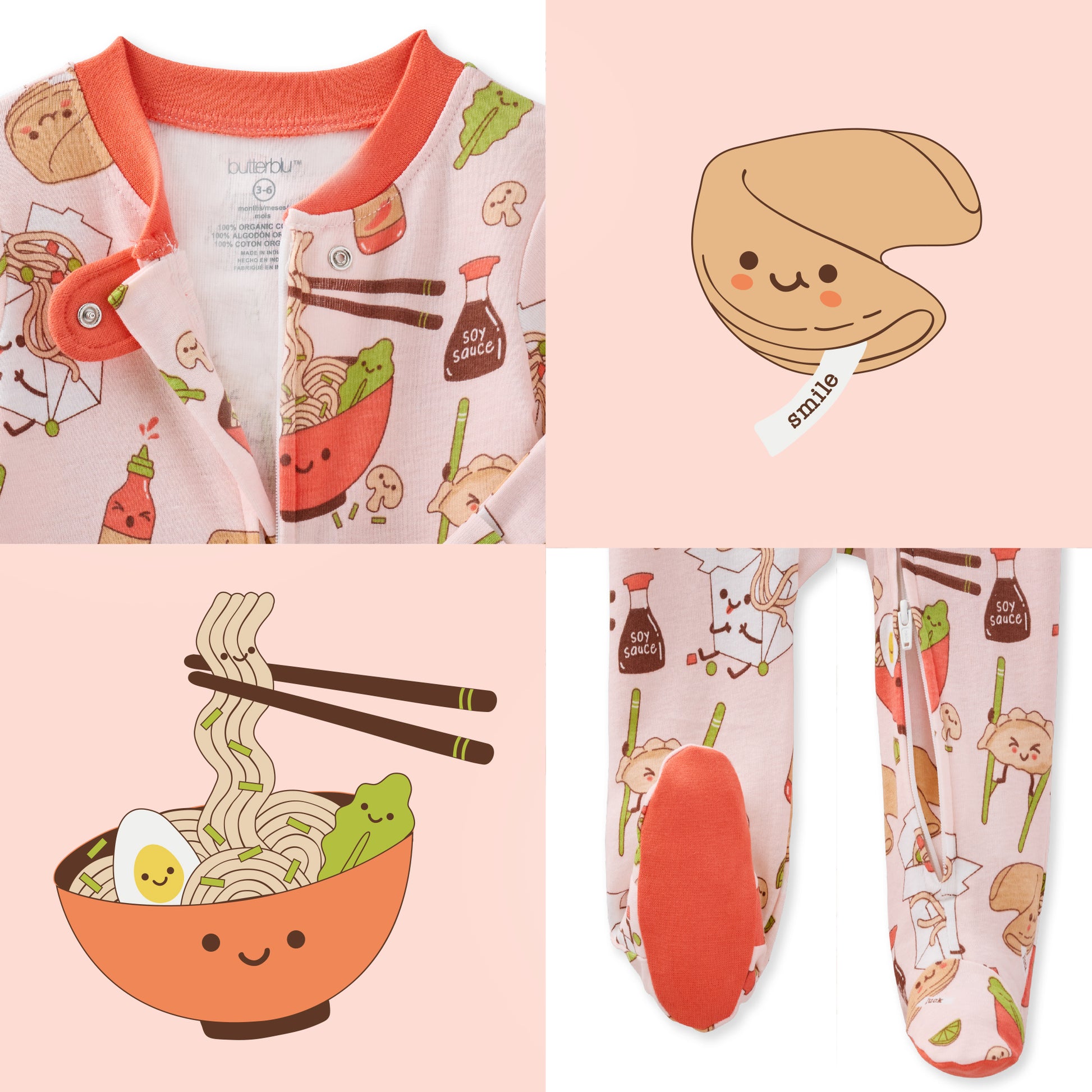 Baby outfit with noodle-themed design on a pink background