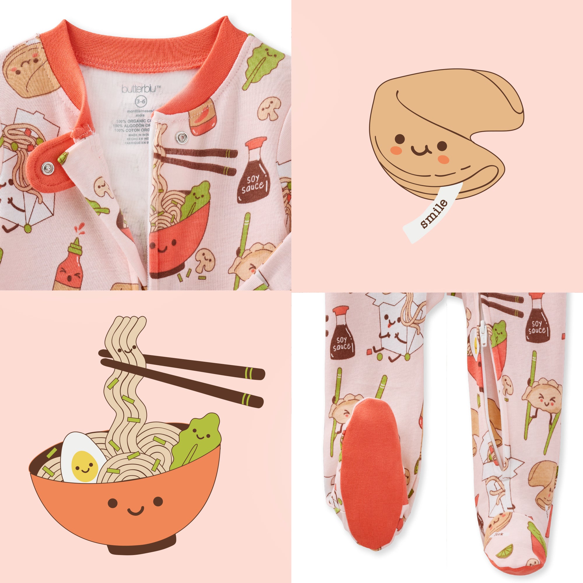 Baby outfit with noodle-themed design on a pink background