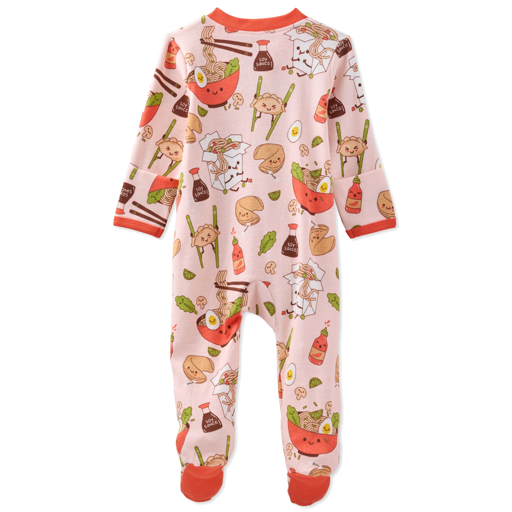 Children's onesie with cartoon food pattern on a white background