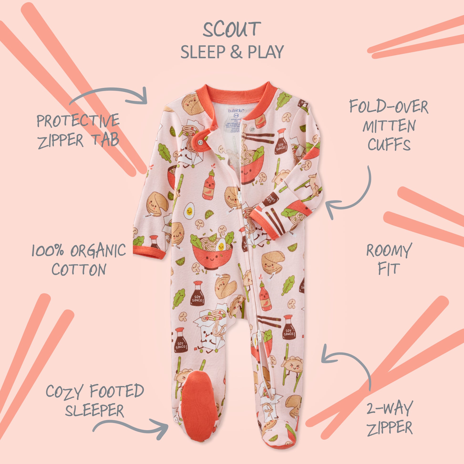Children's sleep and play outfit with features highlighted on a pink background