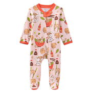 Baby onesie with food-themed print on a white background
