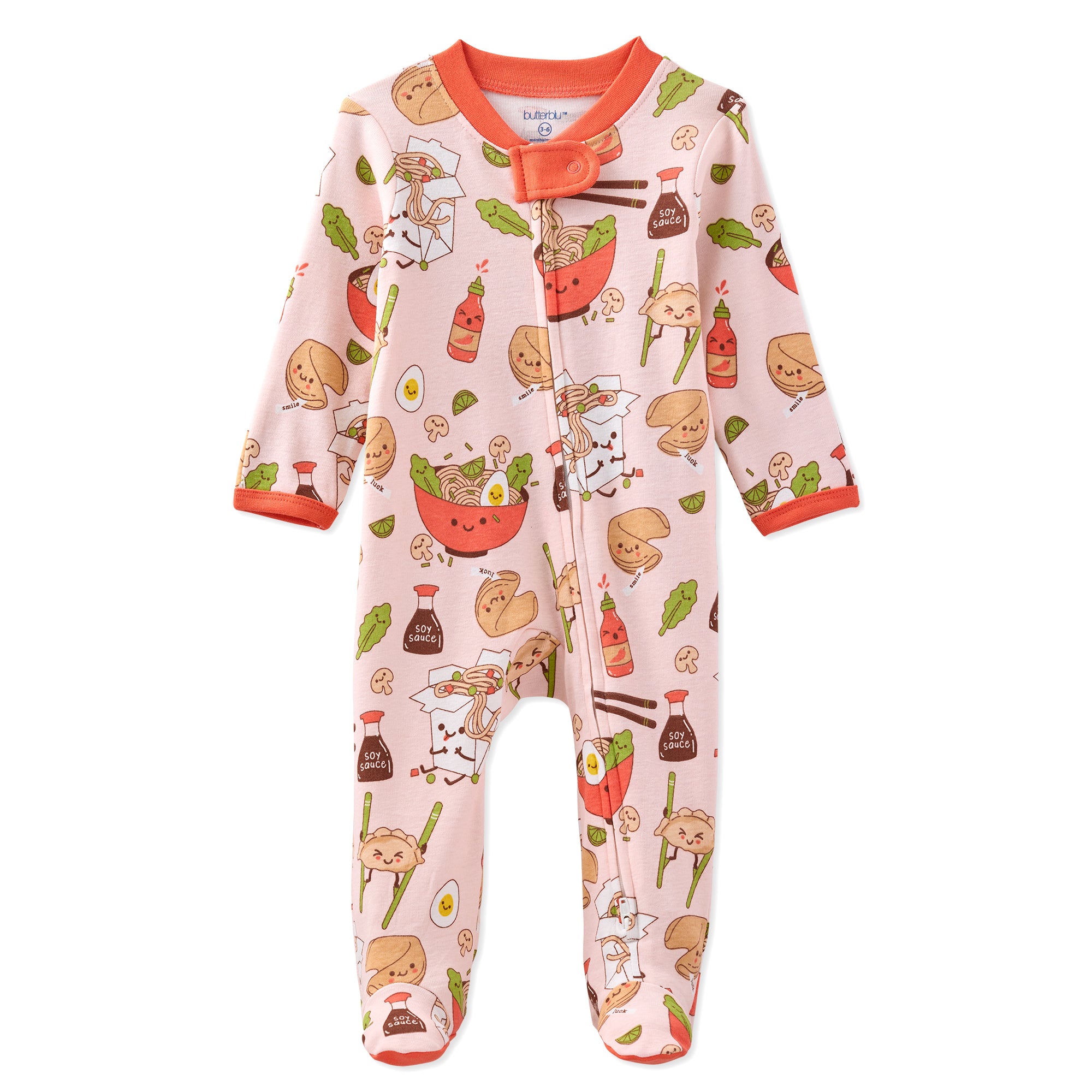Baby onesie with food-themed print on a white background