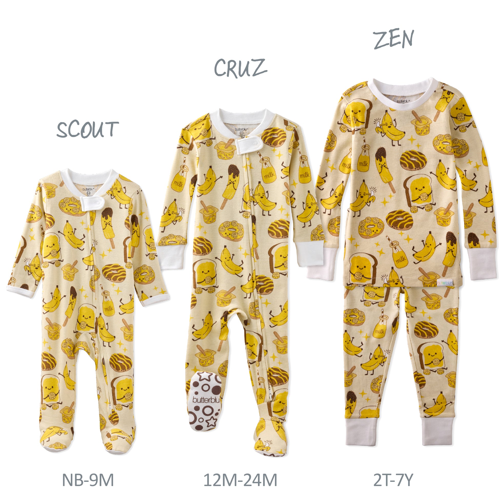 Three baby pajamas with different patterns and sizes on a white background