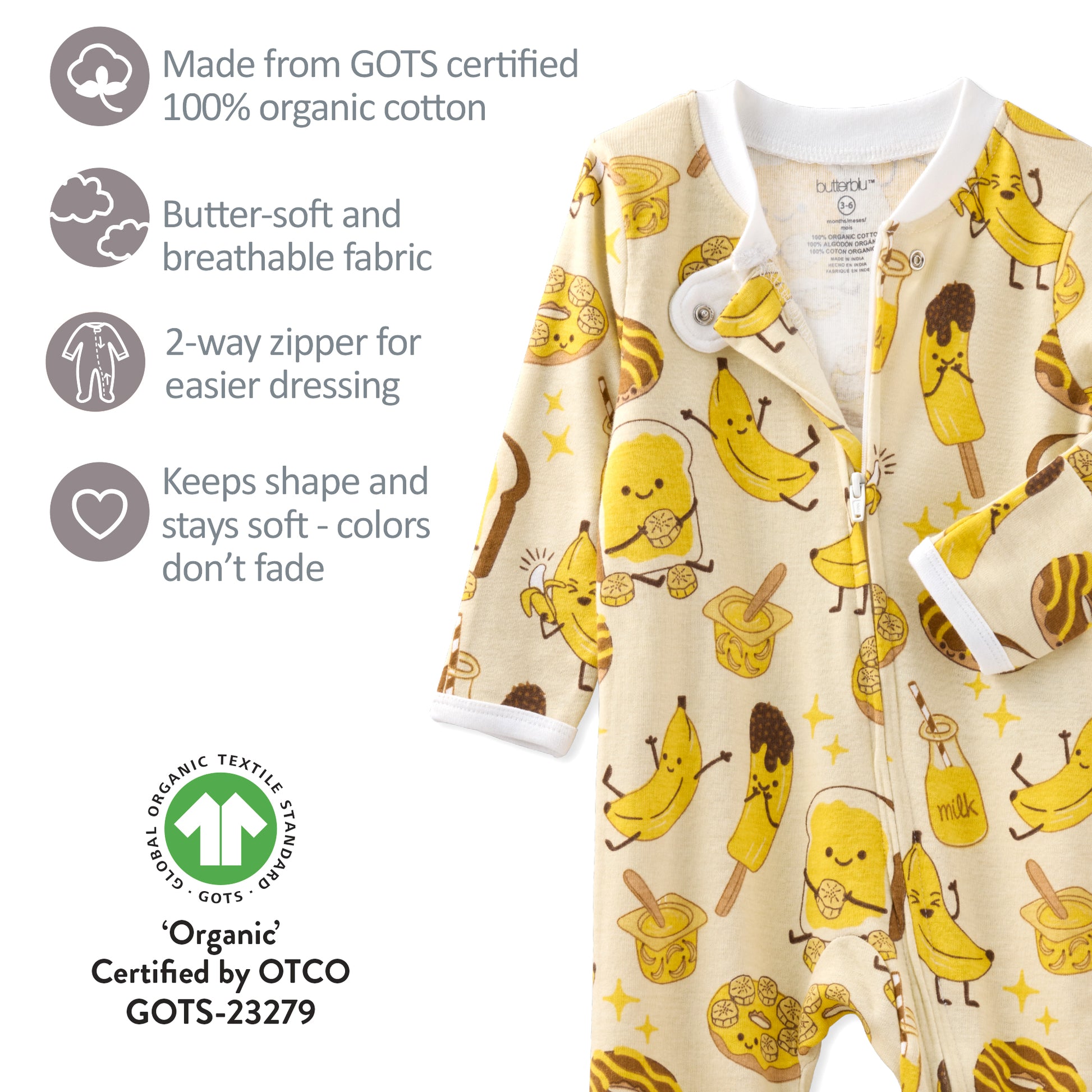Baby onesie with banana pattern and organic certification details on a white background