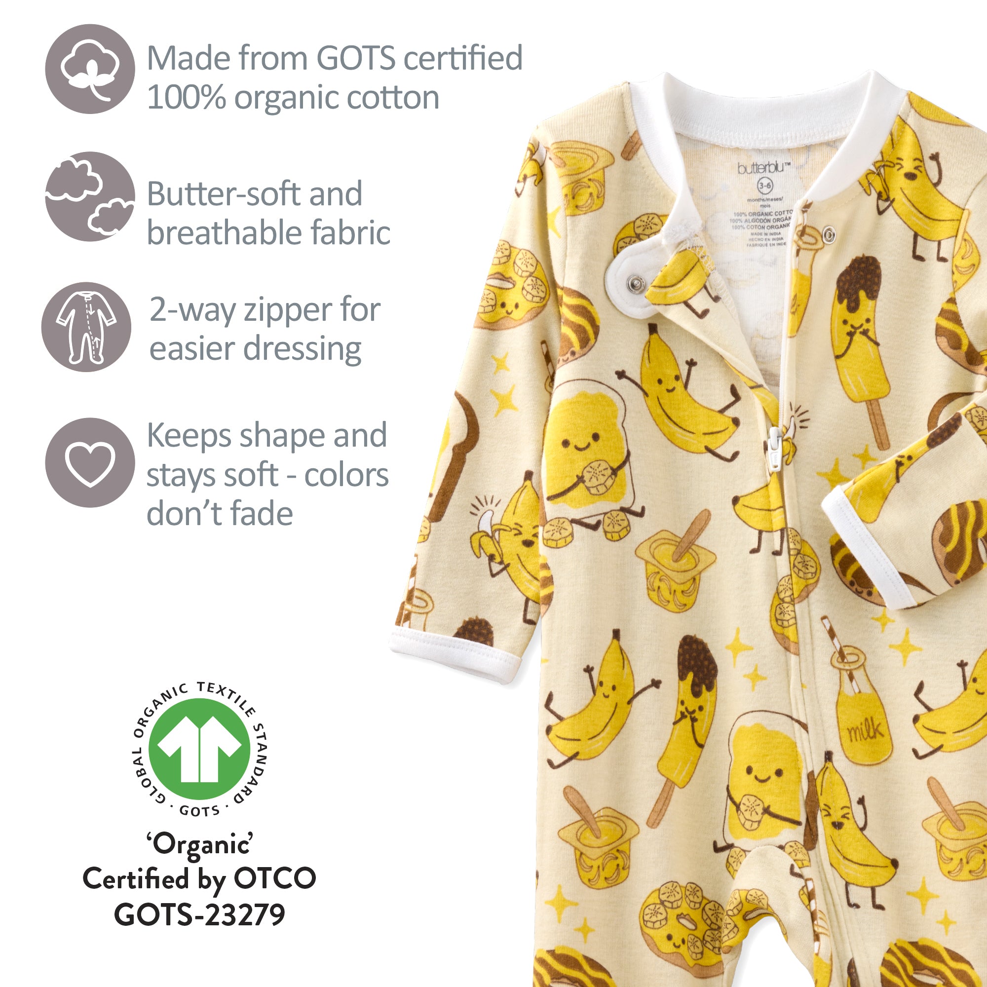 Baby onesie with banana pattern and organic certification details on a white background