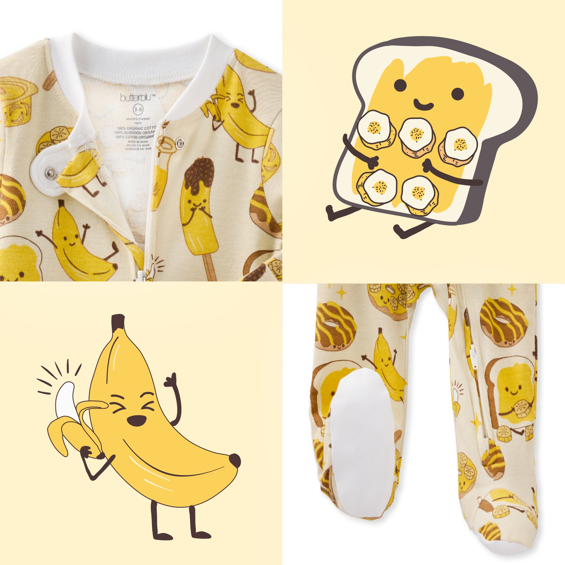 Baby onesie with banana print and cartoon toast design on a light yellow background