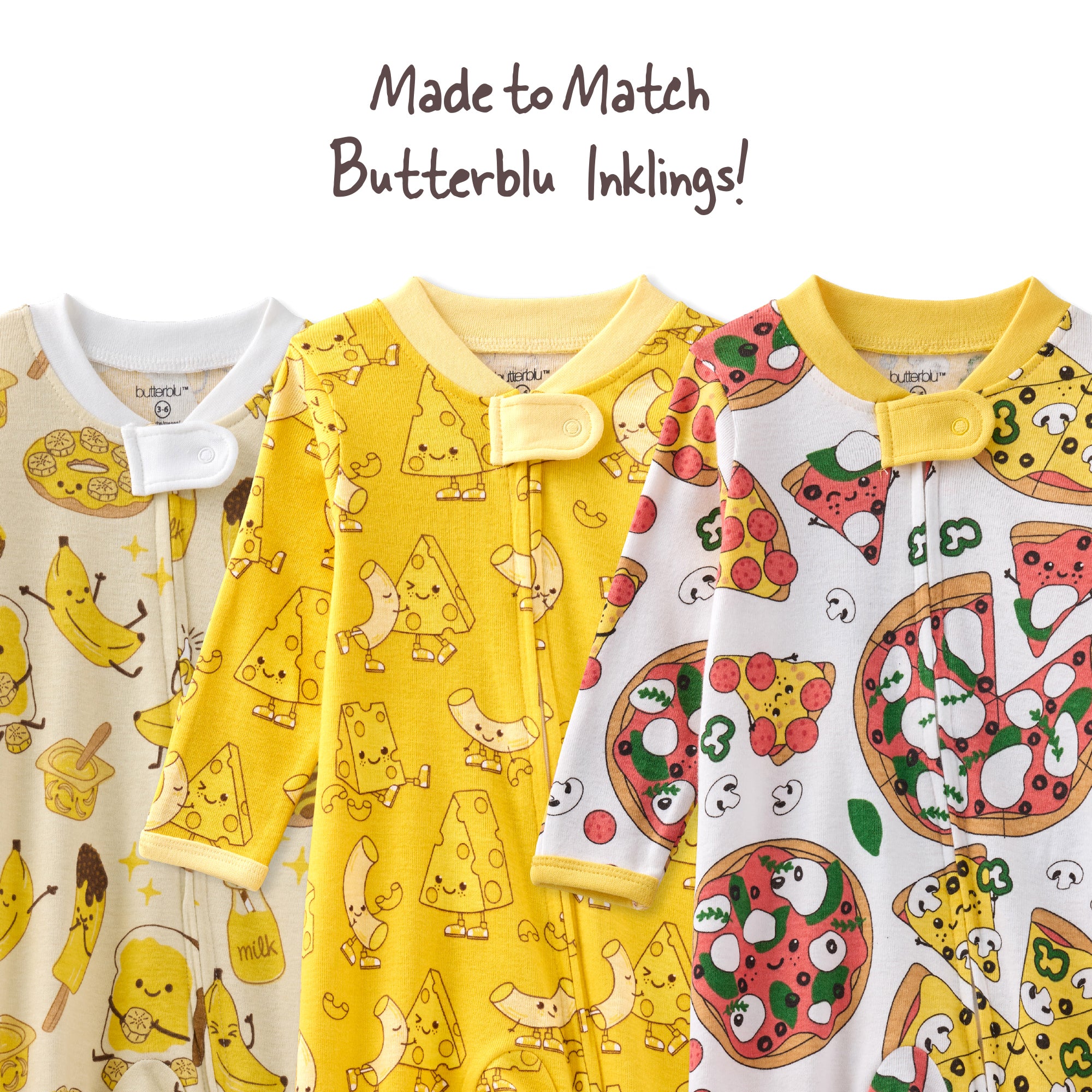 Three children's pajamas with different patterns on a white background.