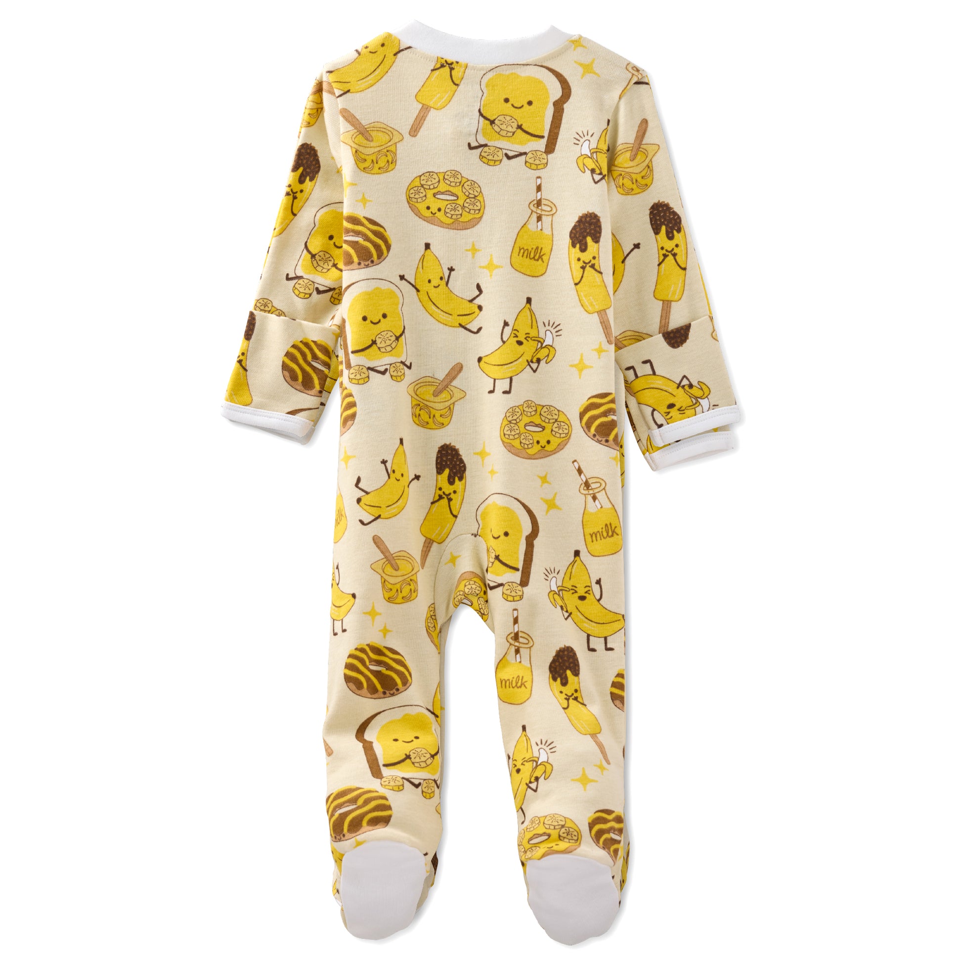 Baby onesie with banana and toast pattern on a white background
