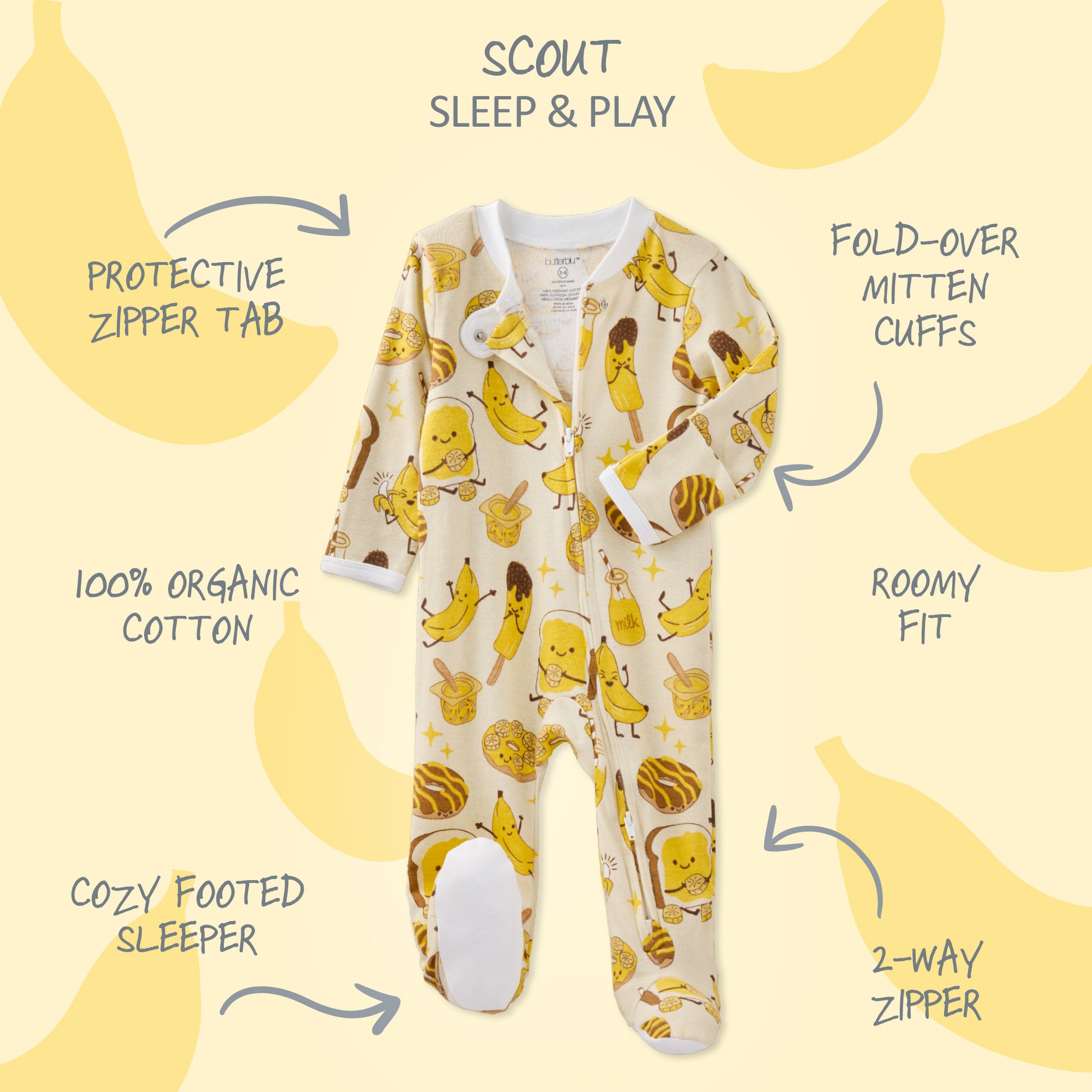 Baby onesie with banana pattern on a yellow background with text describing features.