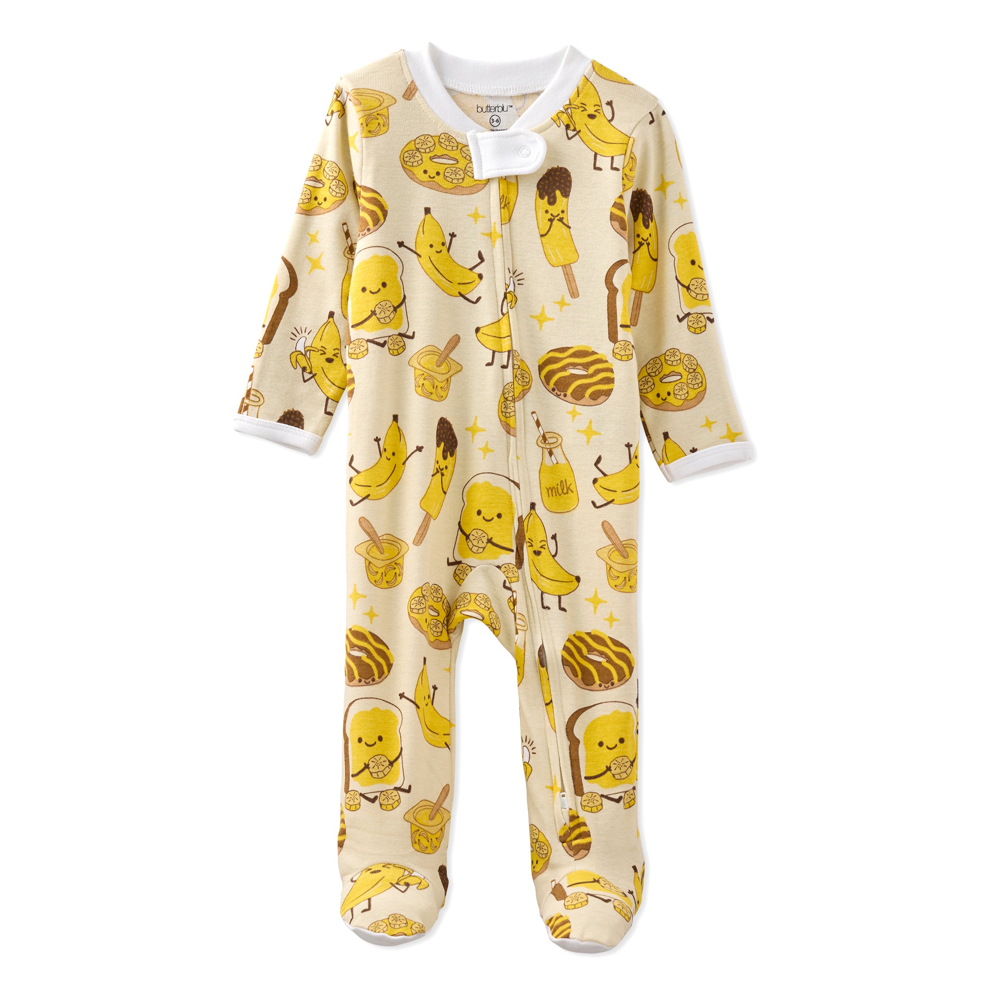 Baby onesie with yellow and brown animal print on a white background