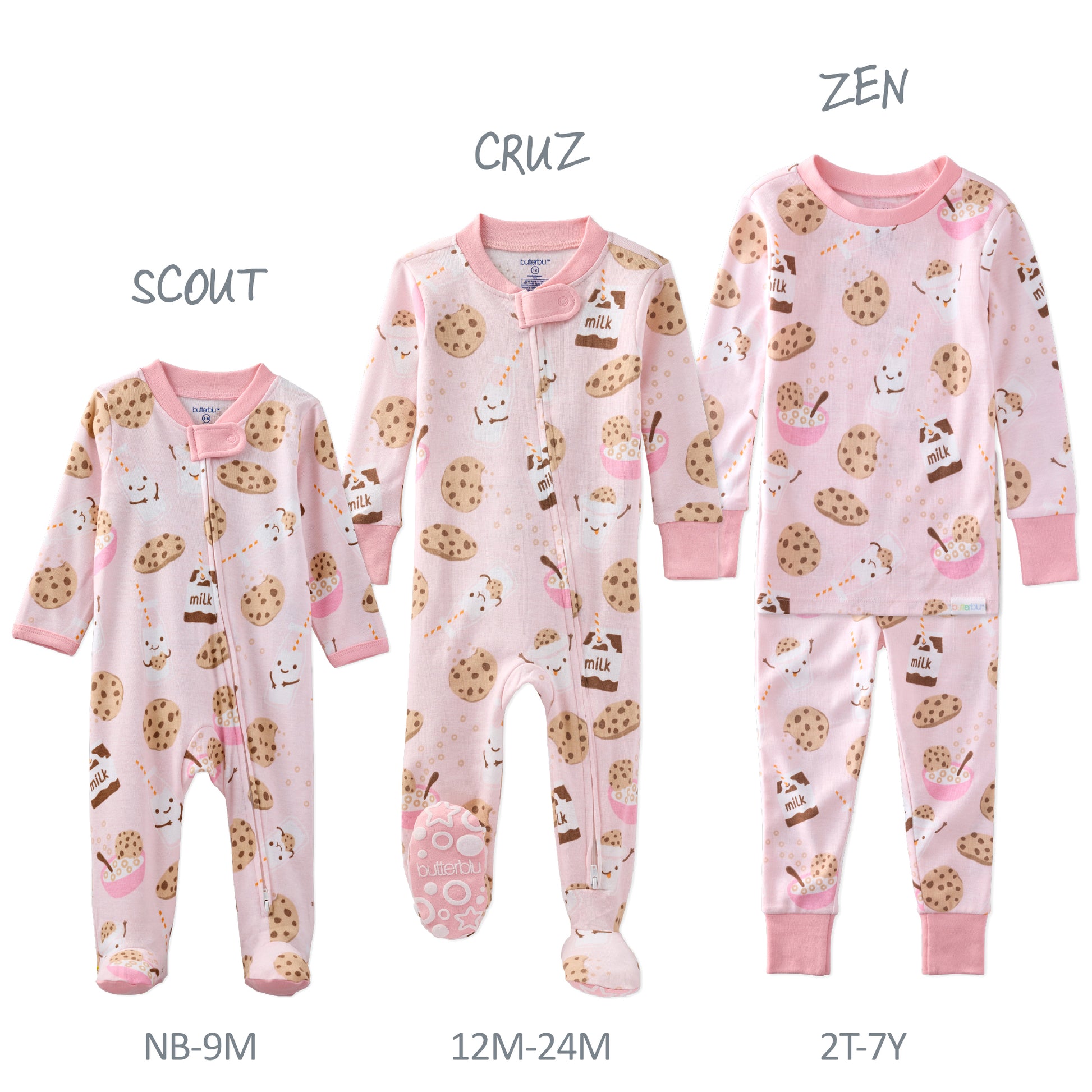 Three sets of children's pajamas with cookie pattern on a white background