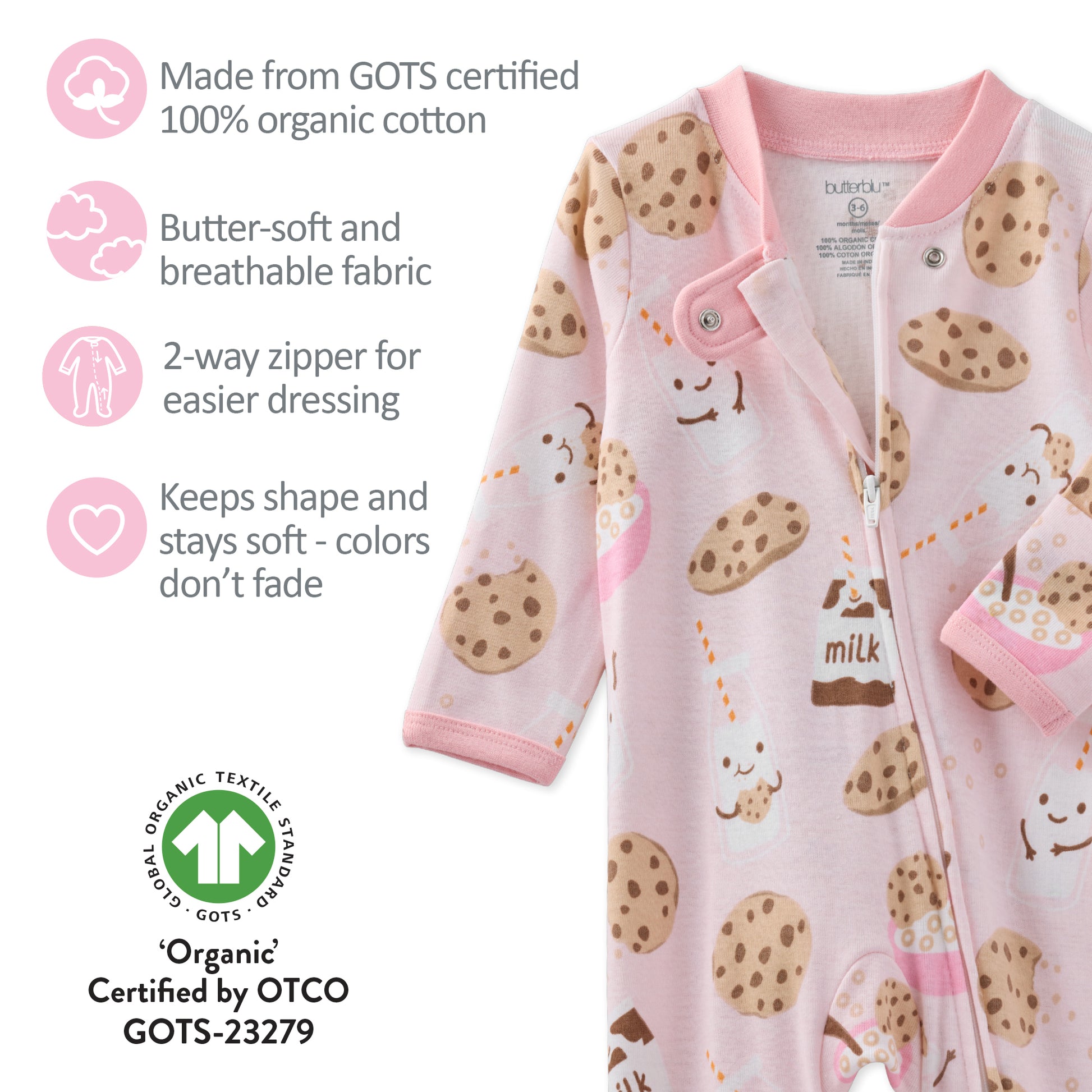 Baby onesie with cookie pattern and product features listed on a white background